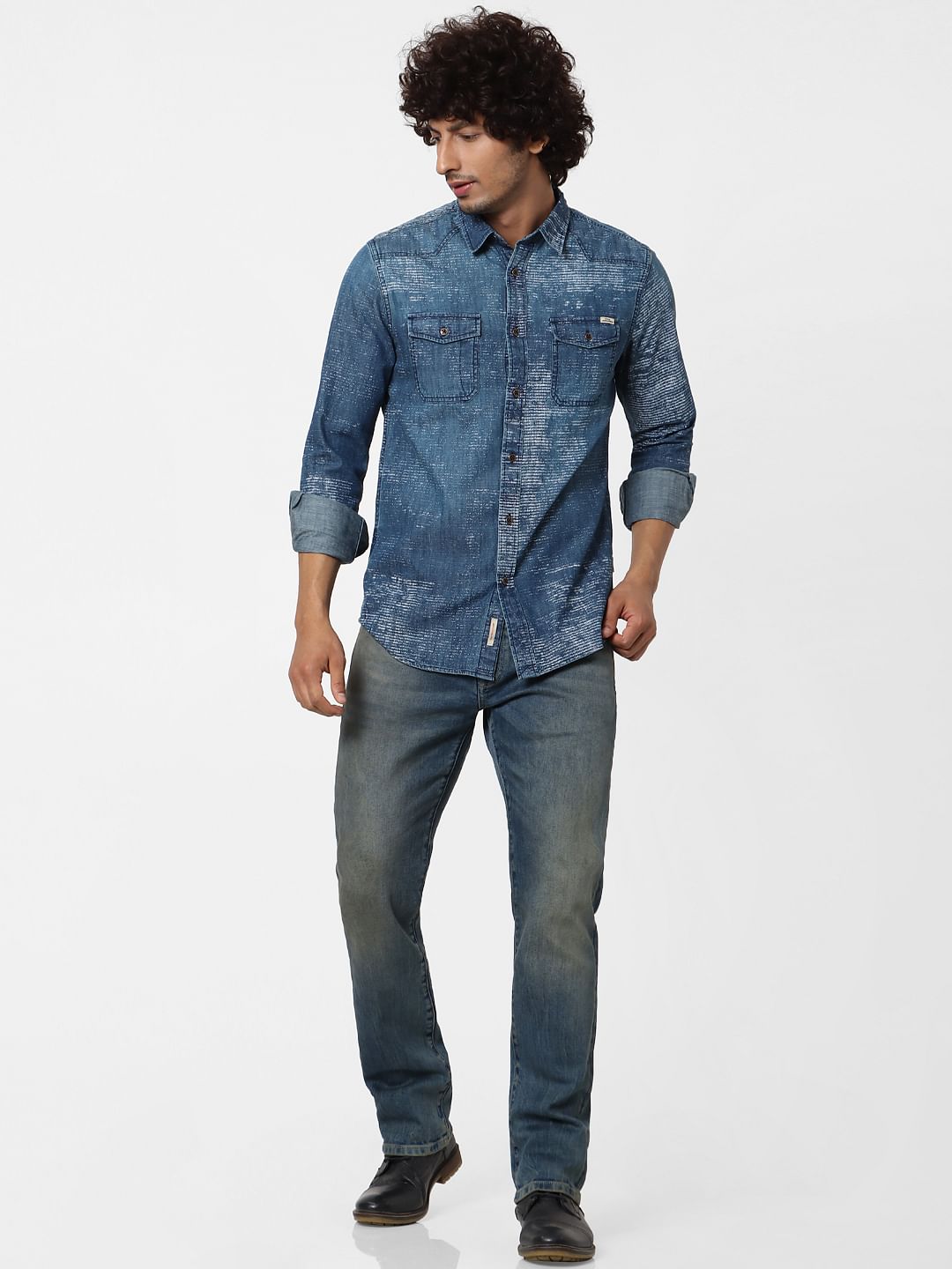 Blue Full Sleeves Abstract Print Shirt