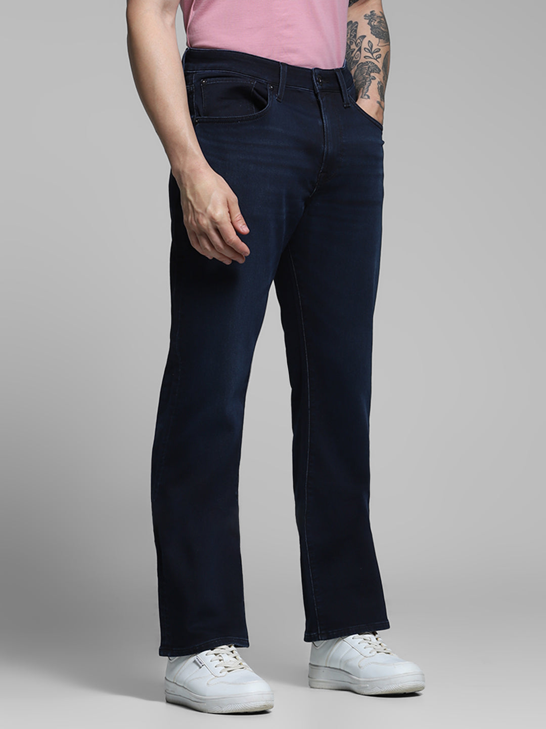 Men's Dark Blue Bootcut Jeans With High Rise