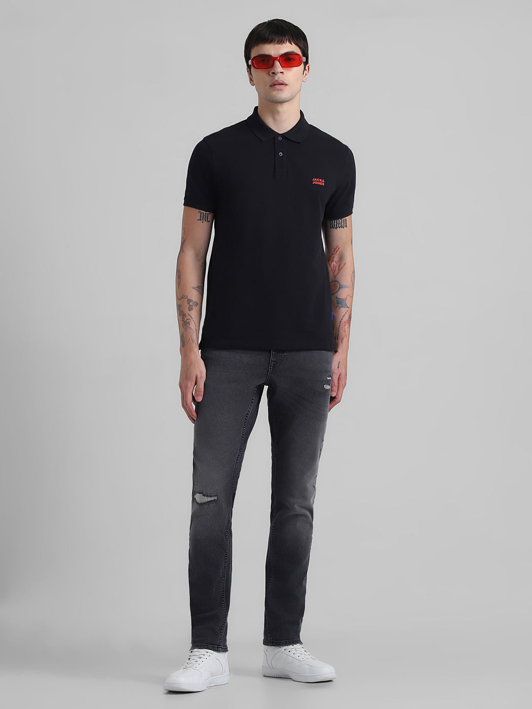 Black Low Rise Distressed Glenn Slim Fit Jeans