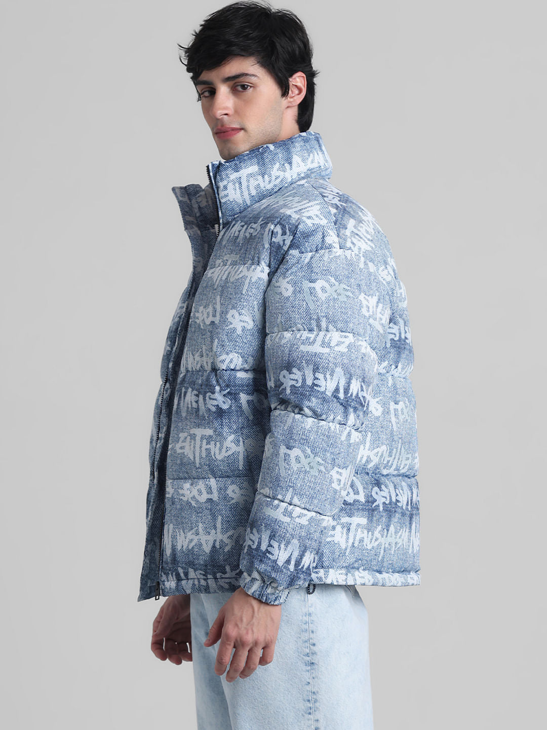 Blue Typographic Print High Neck Puffer Jacket