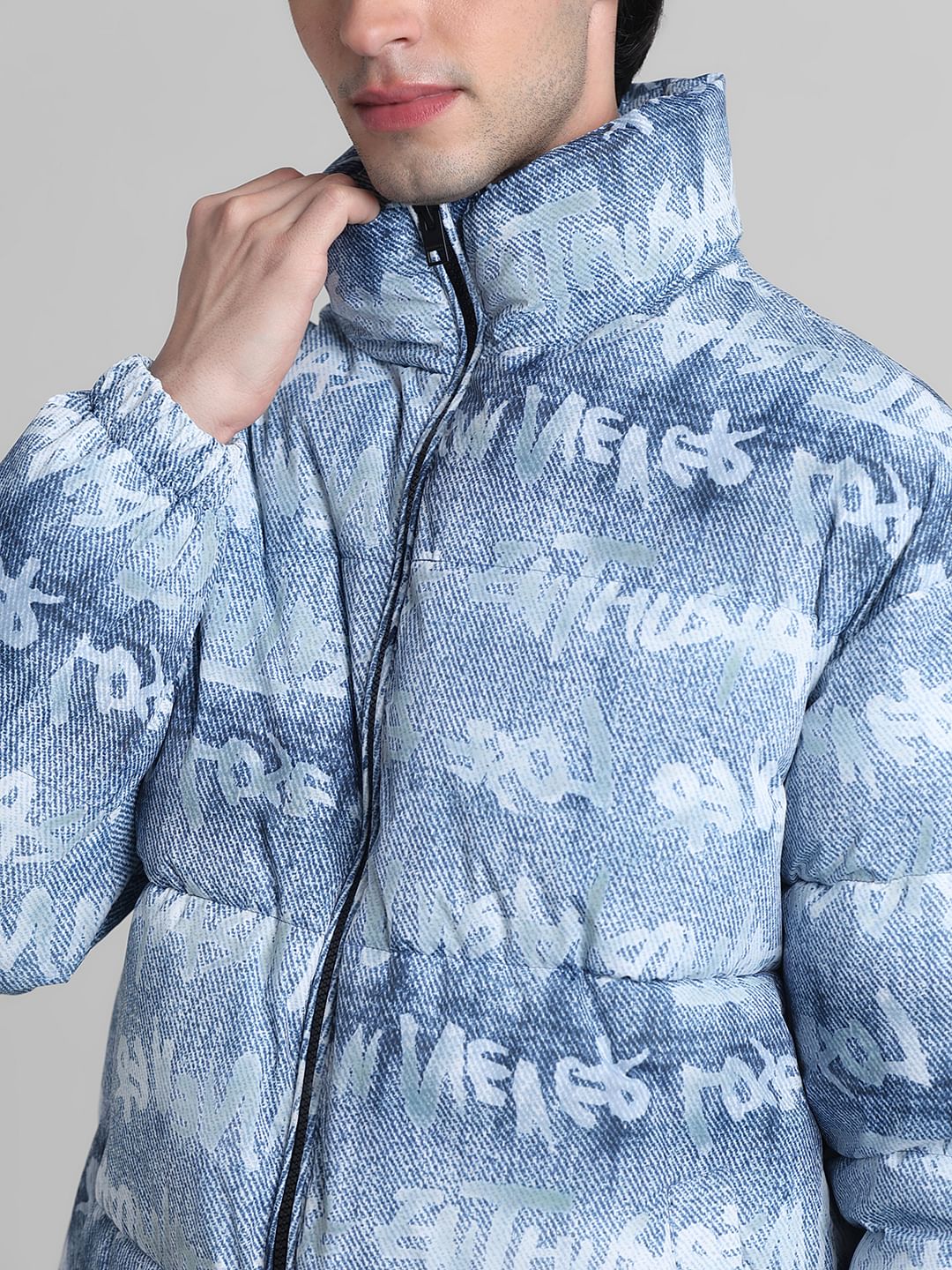 Blue Typographic Print High Neck Puffer Jacket