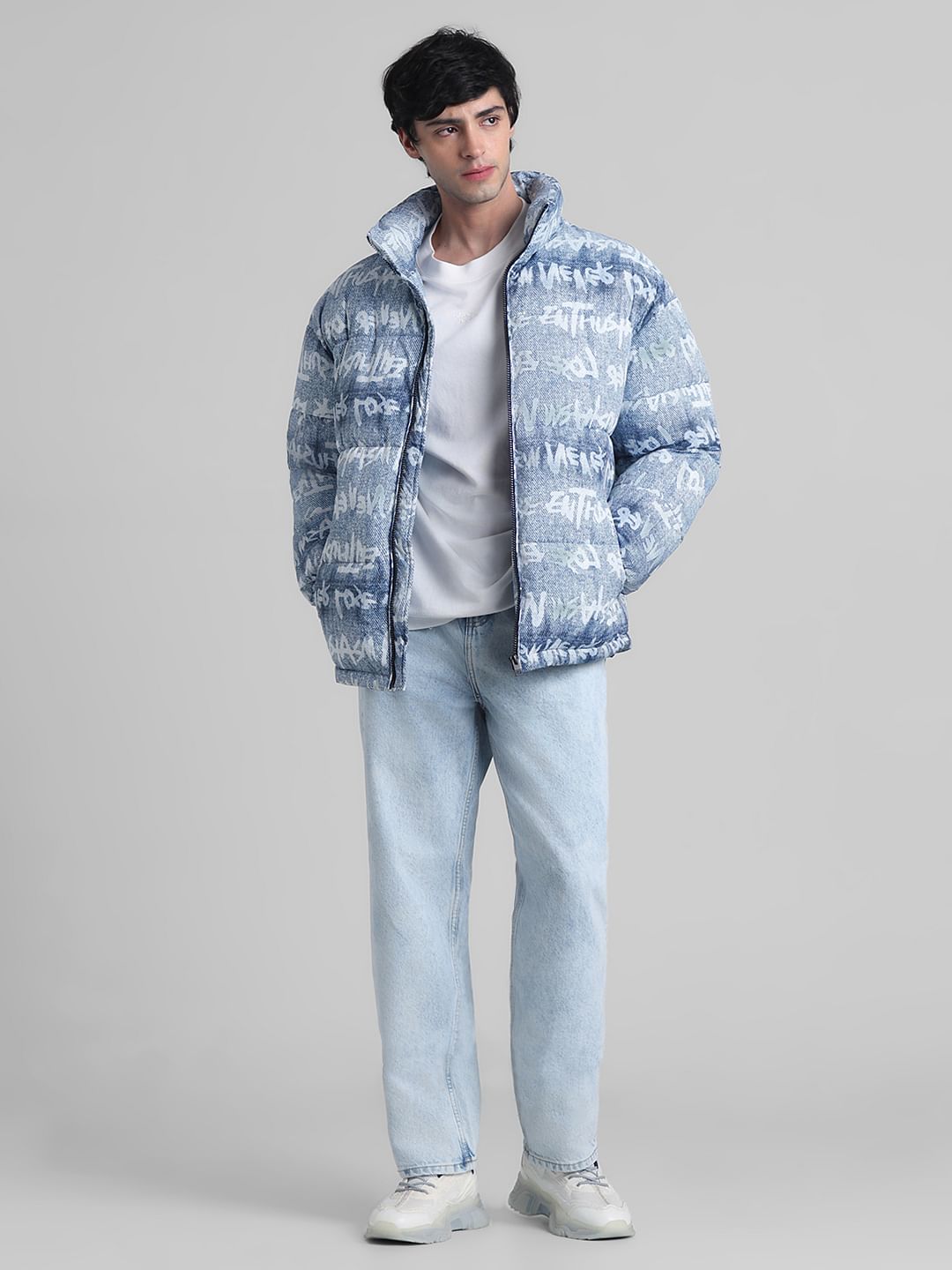 Blue Typographic Print High Neck Puffer Jacket