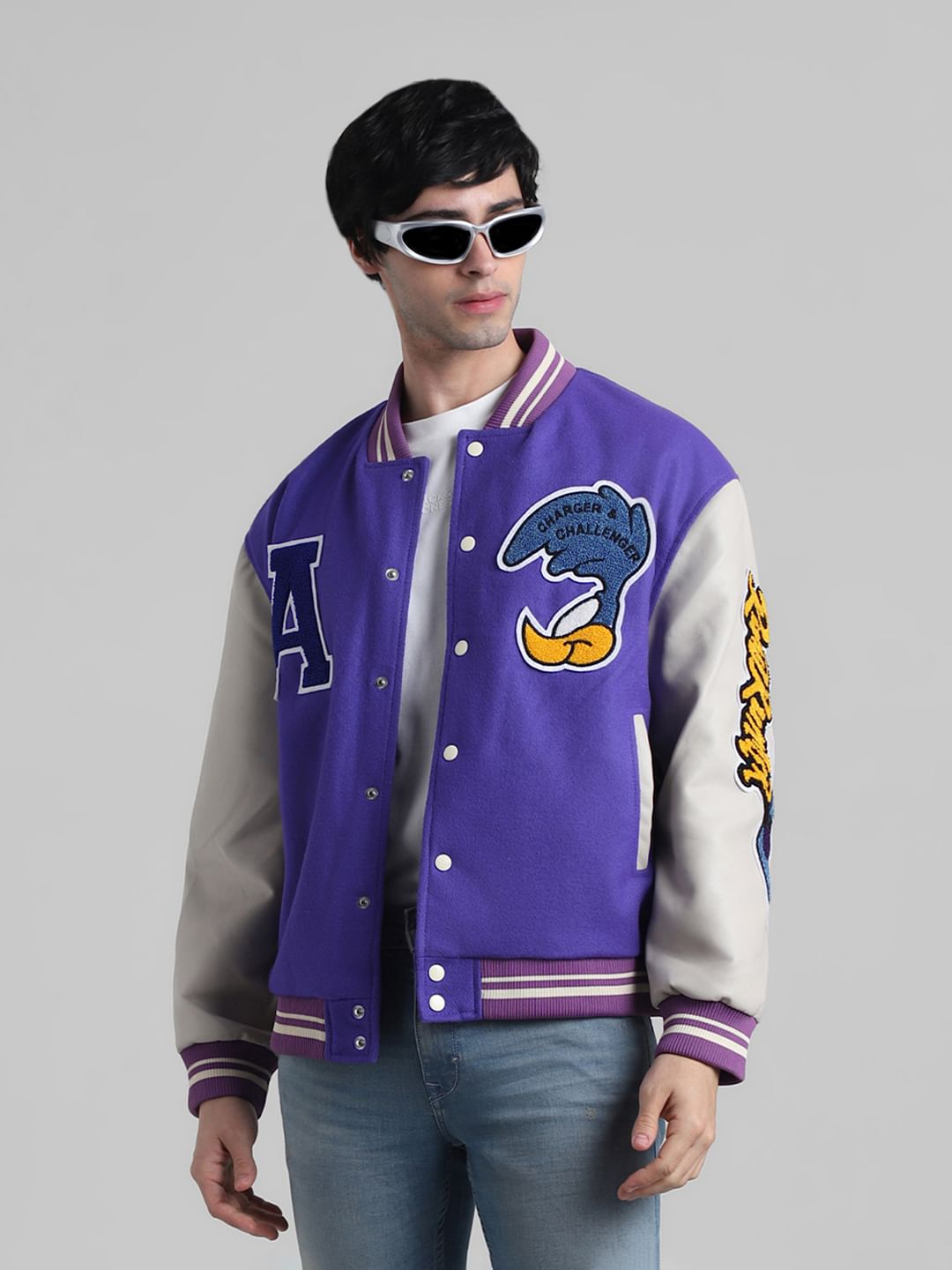 Purple Colourblocked Varsity Bomber Jacket