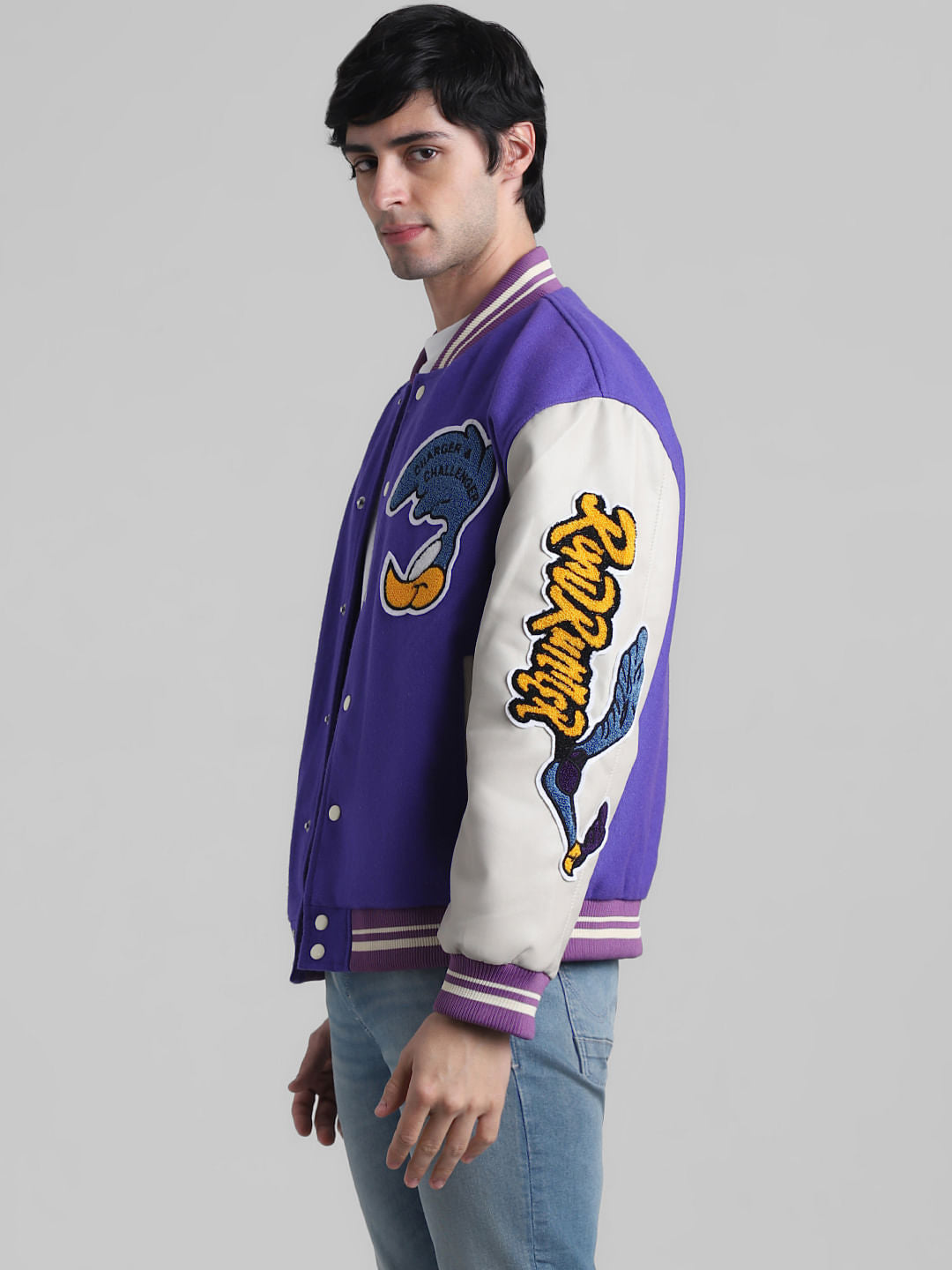 Purple Colourblocked Varsity Bomber Jacket