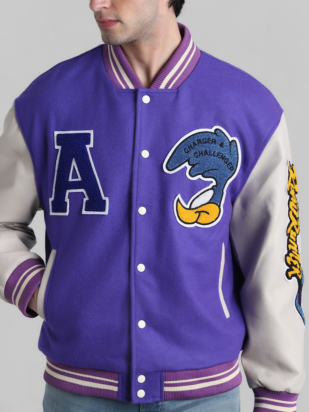 Purple Colourblocked Varsity Bomber Jacket