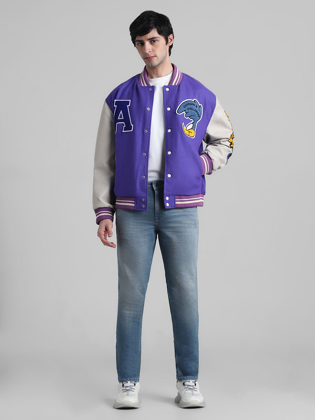 Purple Colourblocked Varsity Bomber Jacket