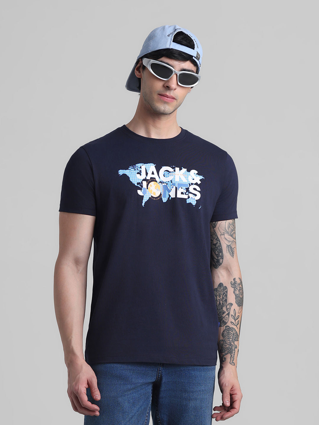 Navy Blue Printed Crew Neck T-shirt