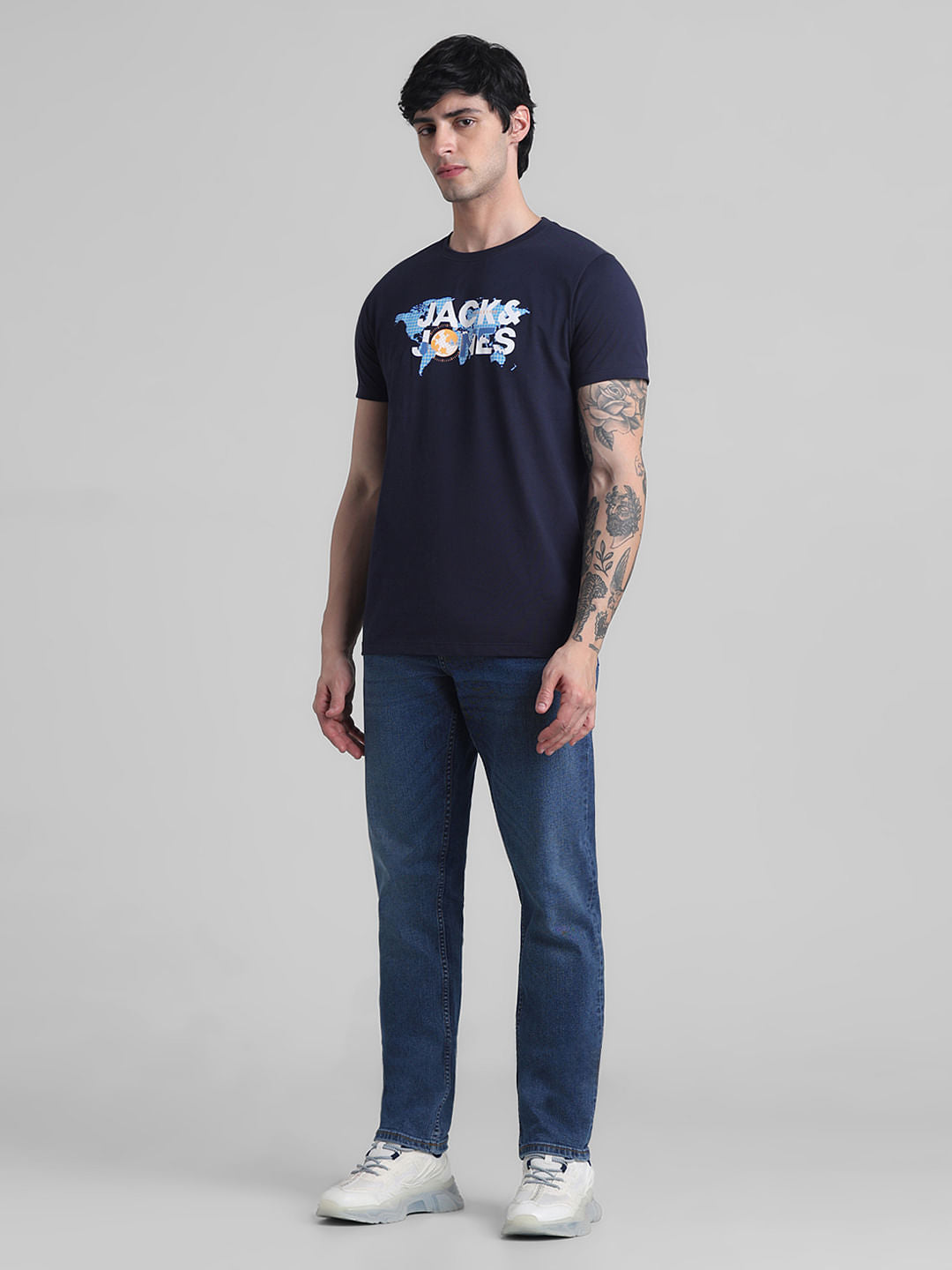 Navy Blue Printed Crew Neck T-shirt