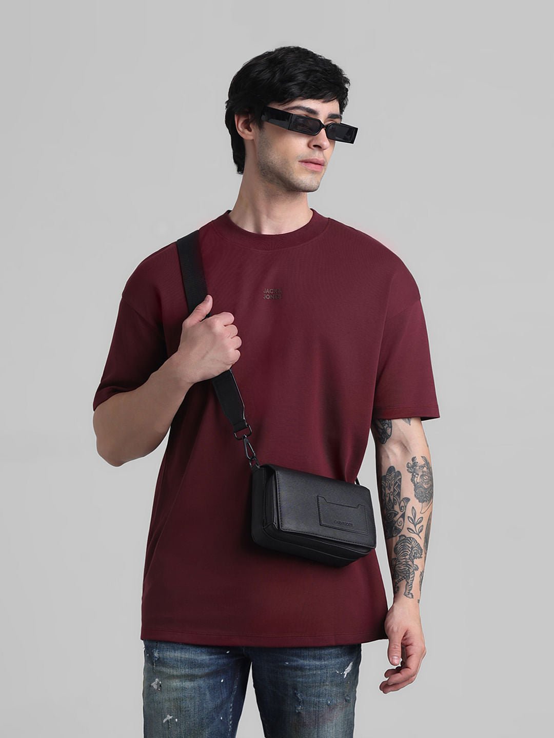 Maroon Logo Text Oversized Crew Neck T-shirt