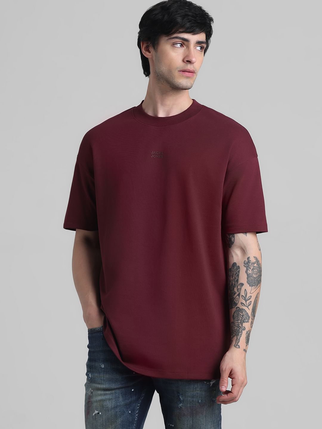 Maroon Logo Text Oversized Crew Neck T-shirt