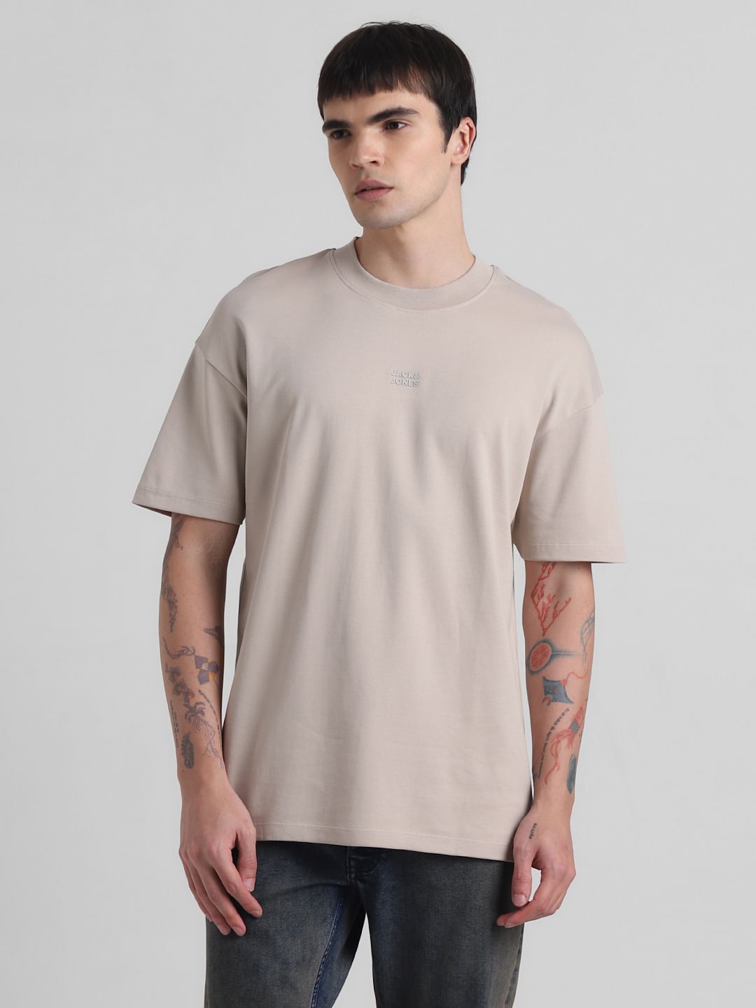 Beige Logo Text Oversized Crew Neck T-shirt