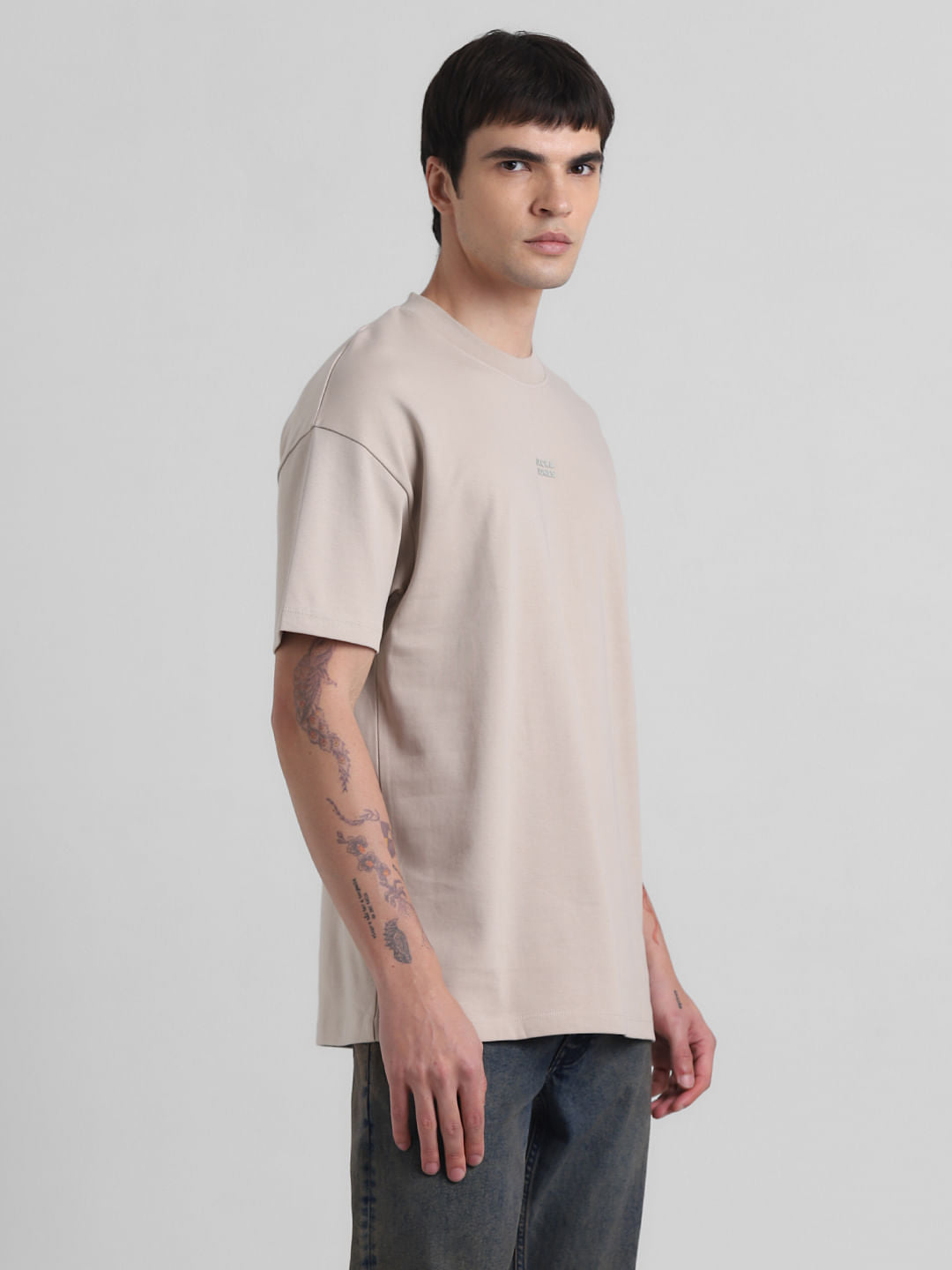 Beige Logo Text Oversized Crew Neck T-shirt