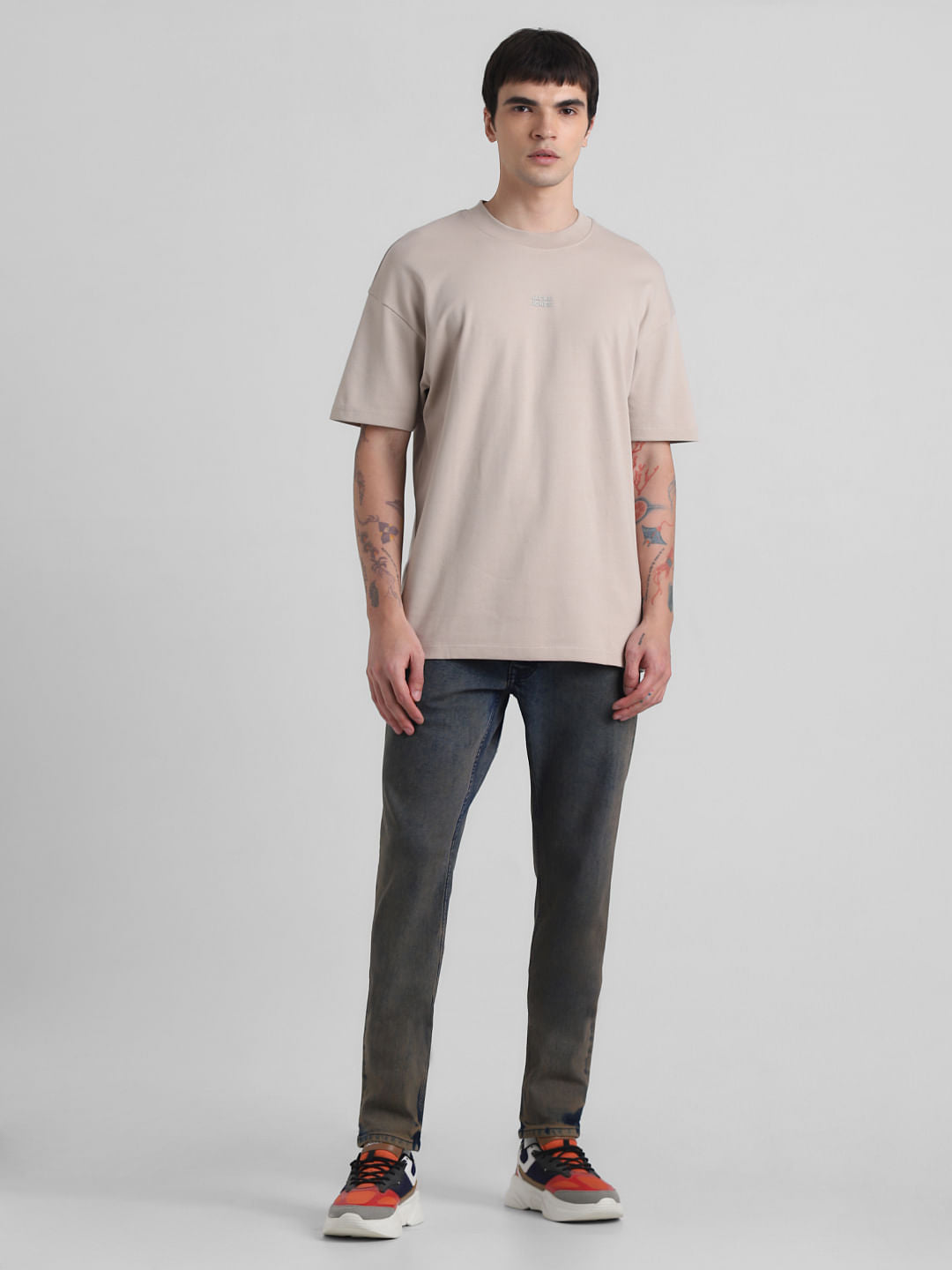 Beige Logo Text Oversized Crew Neck T-shirt