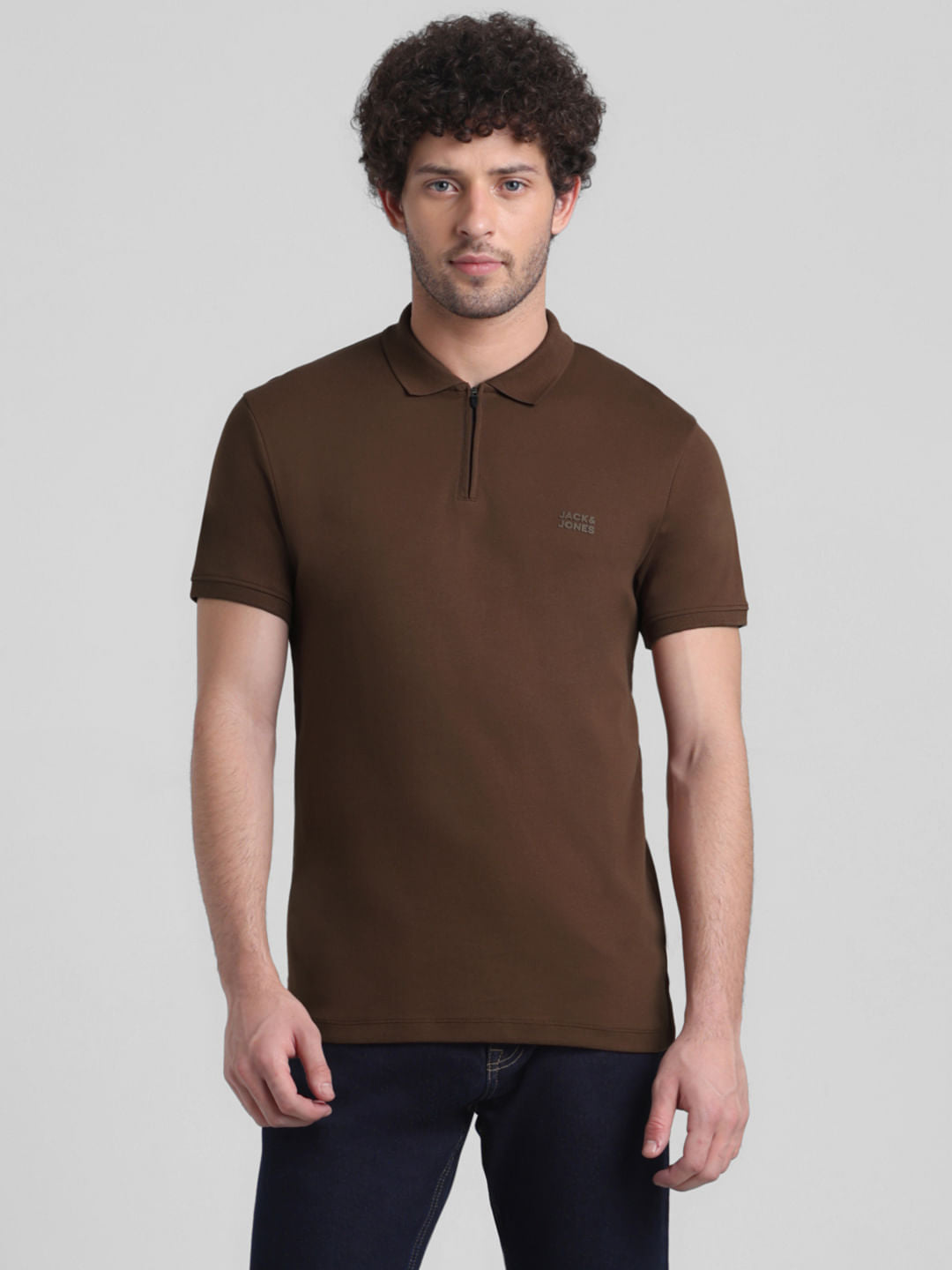 Brown Zipped Cotton Polo