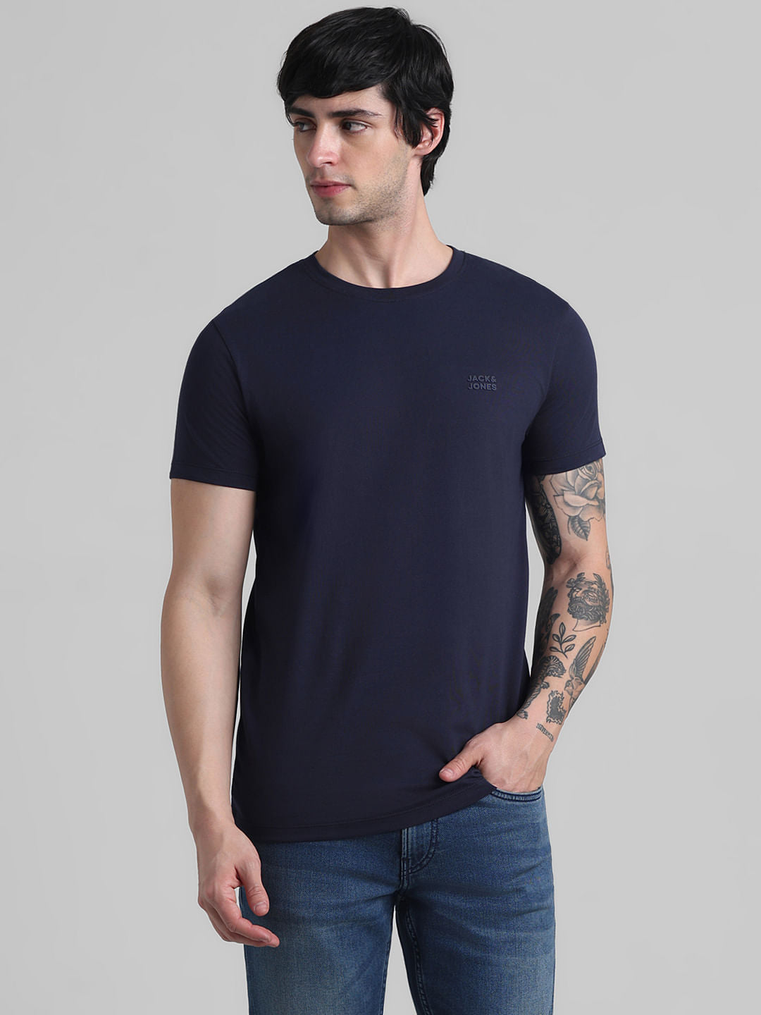 Navy Blue Logo Text Crew Neck T-shirt