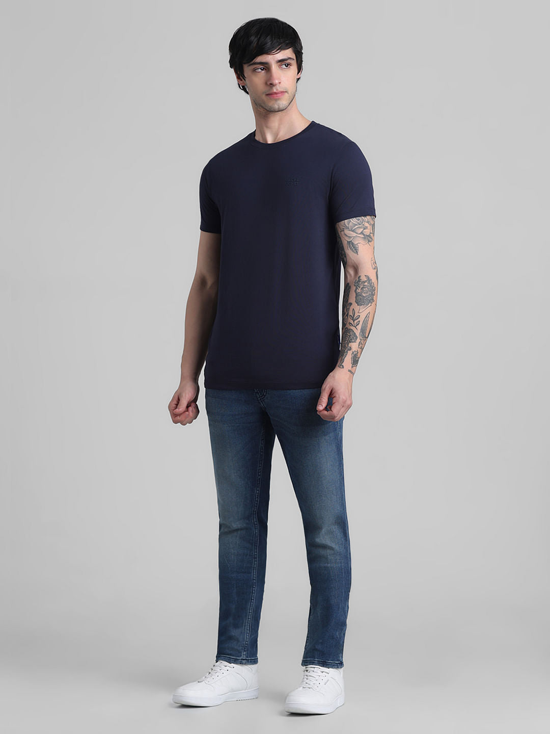 Navy Blue Logo Text Crew Neck T-shirt