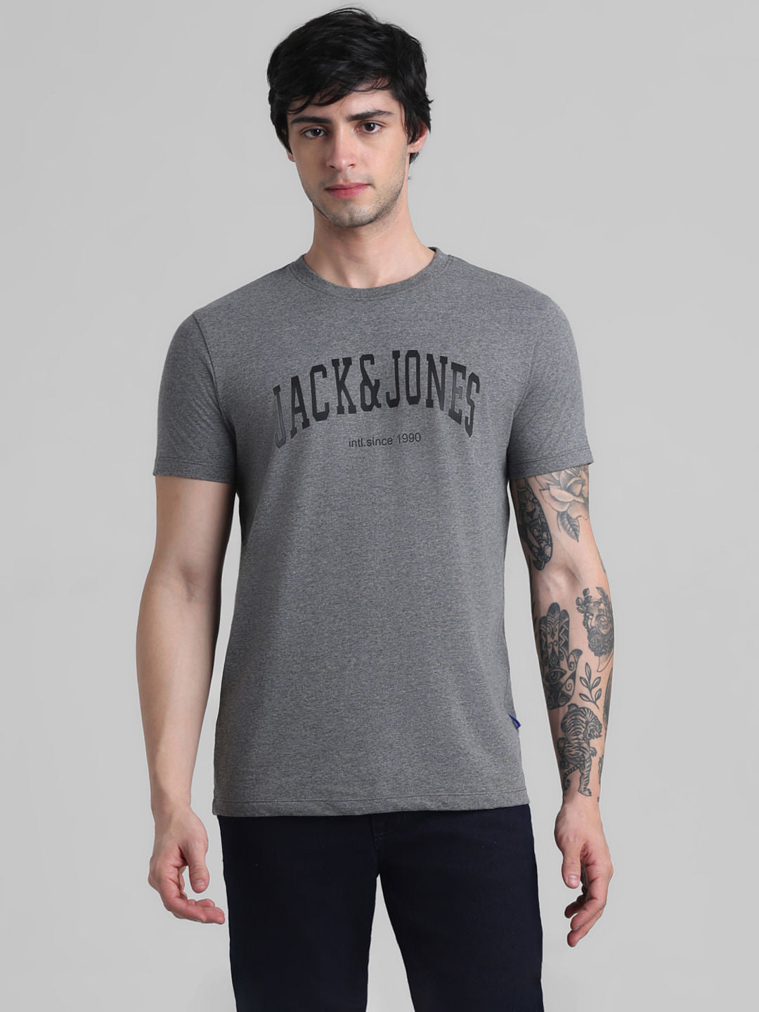 Grey Logo Text Crew Neck T-shirt