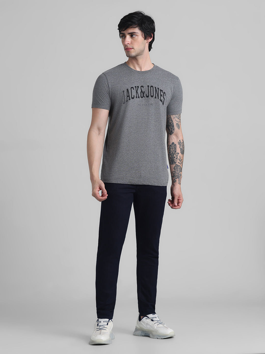 Grey Logo Text Crew Neck T-shirt
