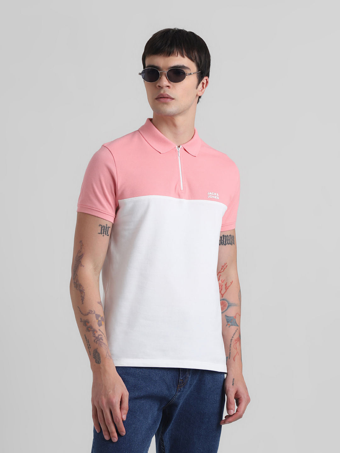 Pink Colourblocked Zip-Up Polo
