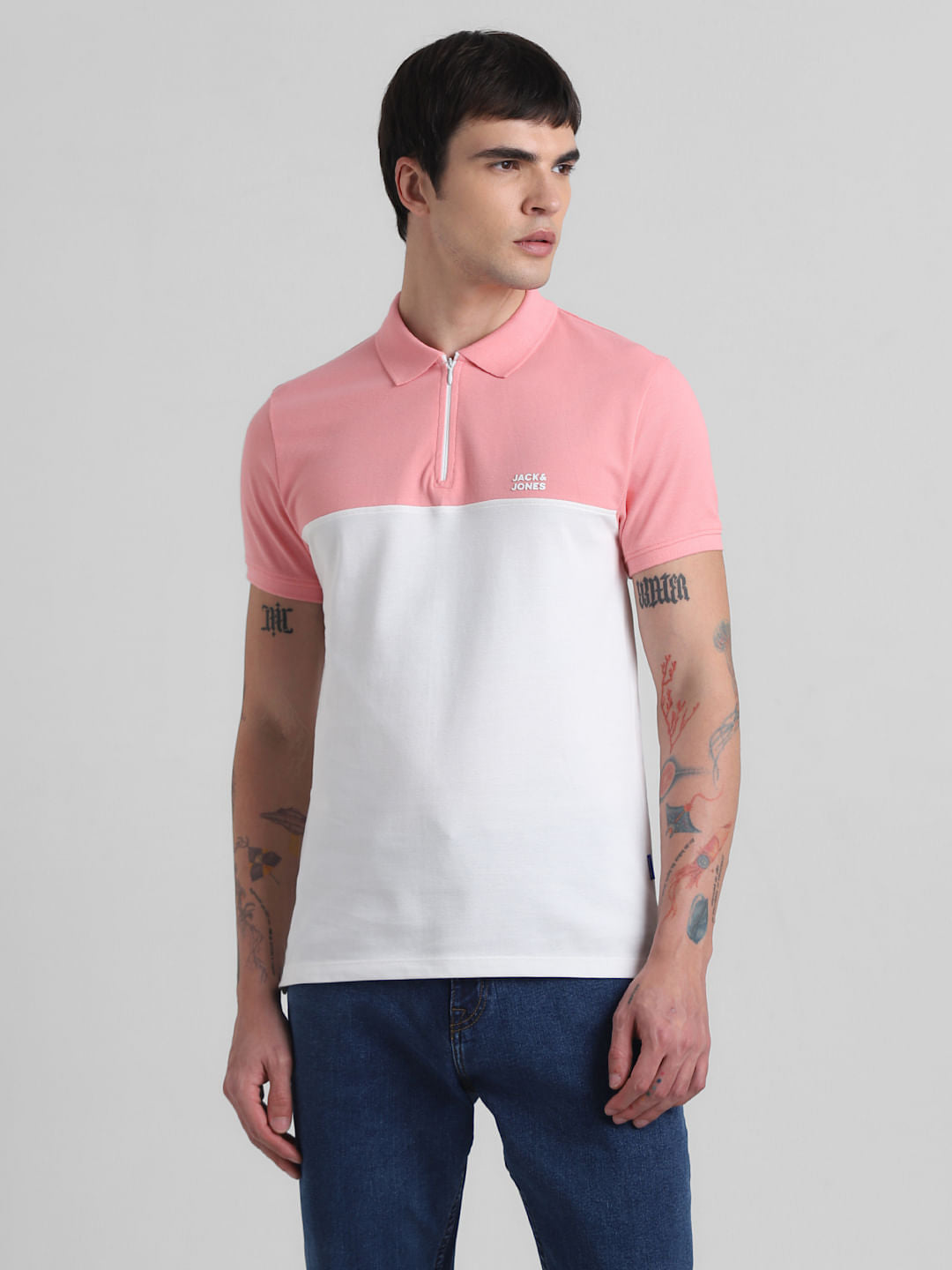 Pink Colourblocked Zip-Up Polo
