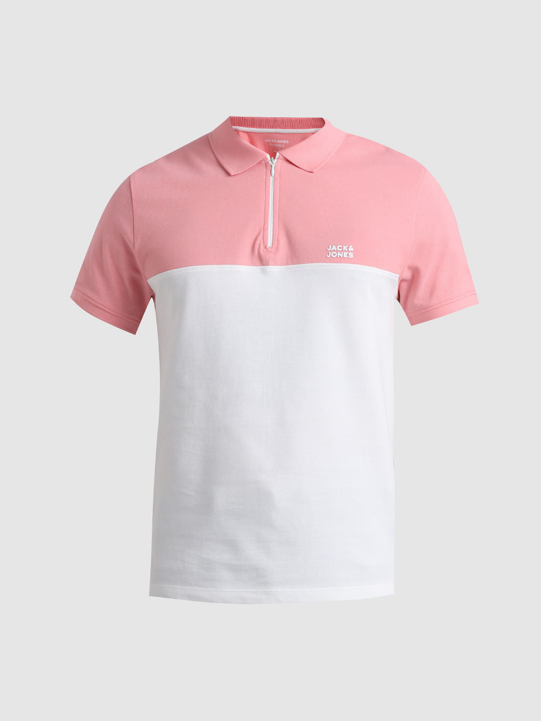 Pink Colourblocked Zip-Up Polo