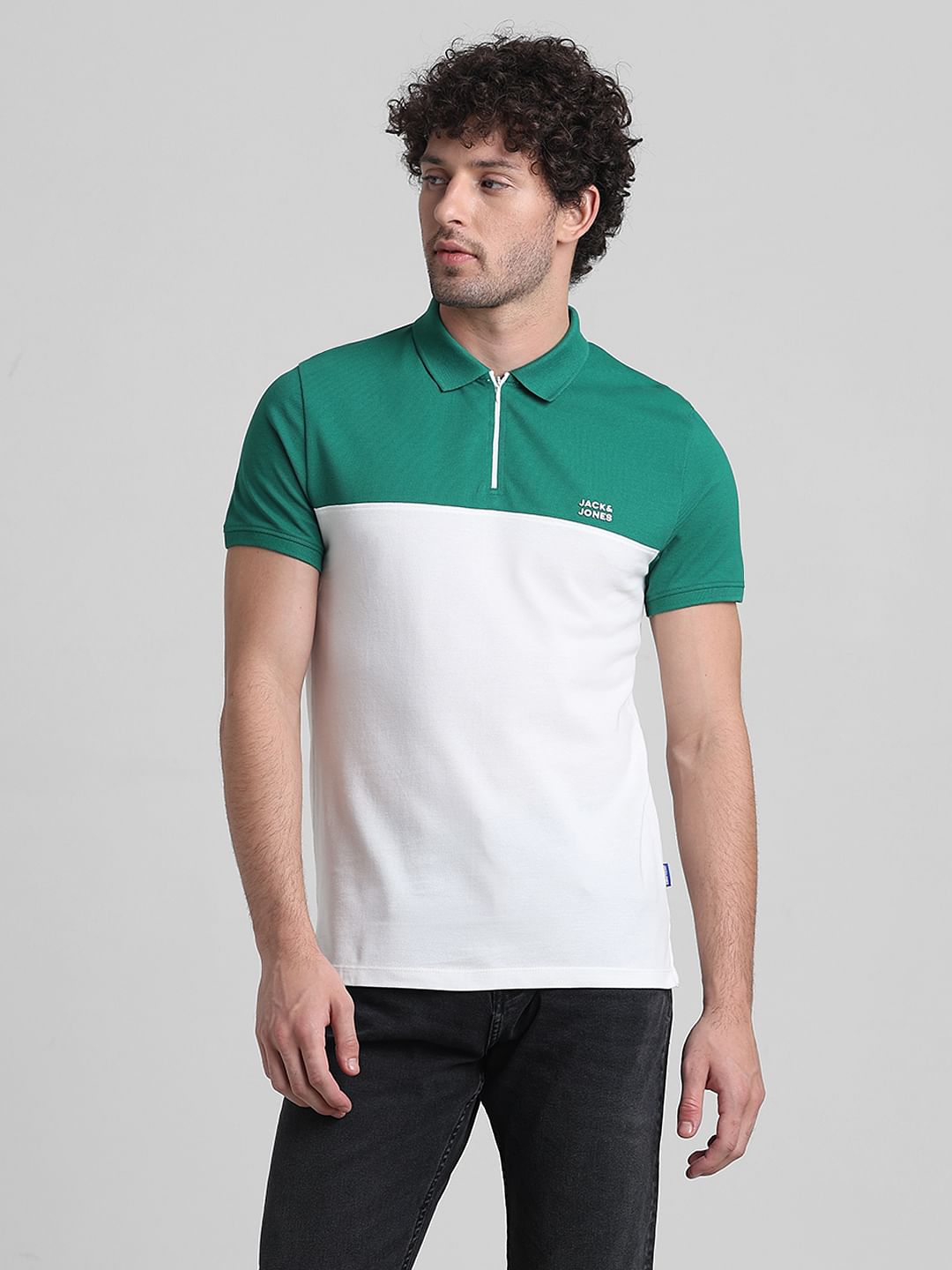 Green Zipped Colourblocked Polo
