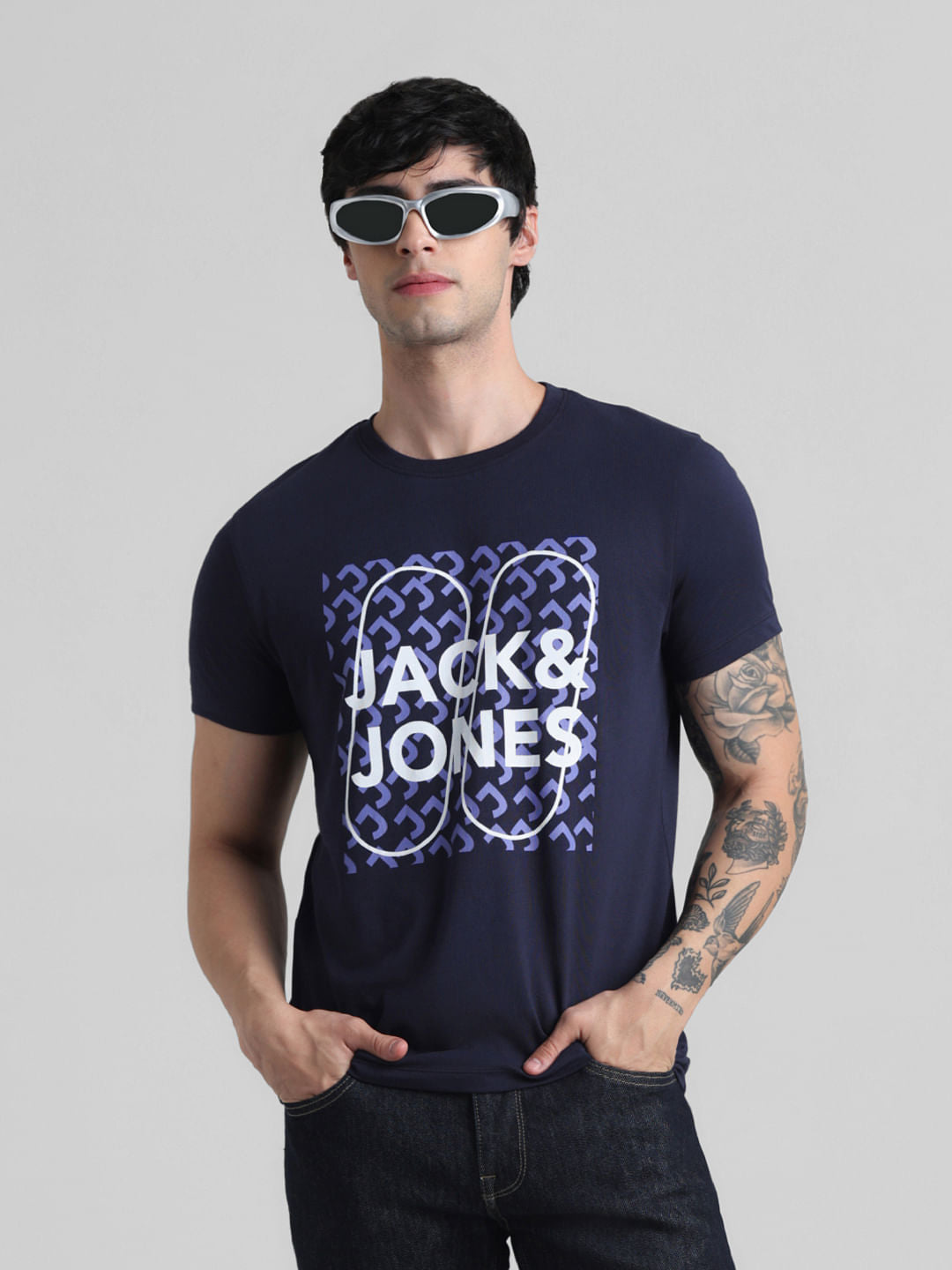 Dark Blue Logo Print Crew Neck T-shirt
