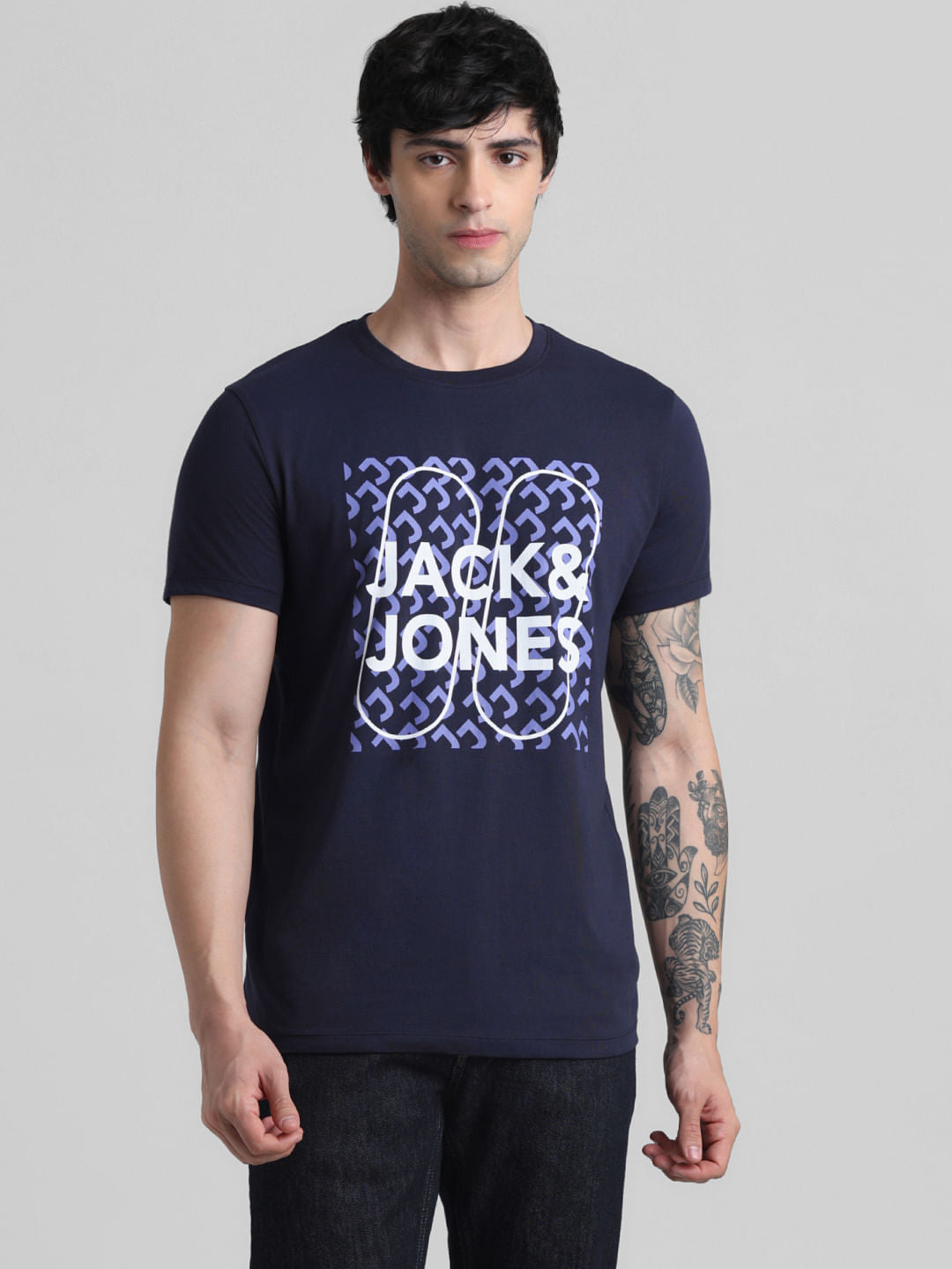 Dark Blue Logo Print Crew Neck T-shirt