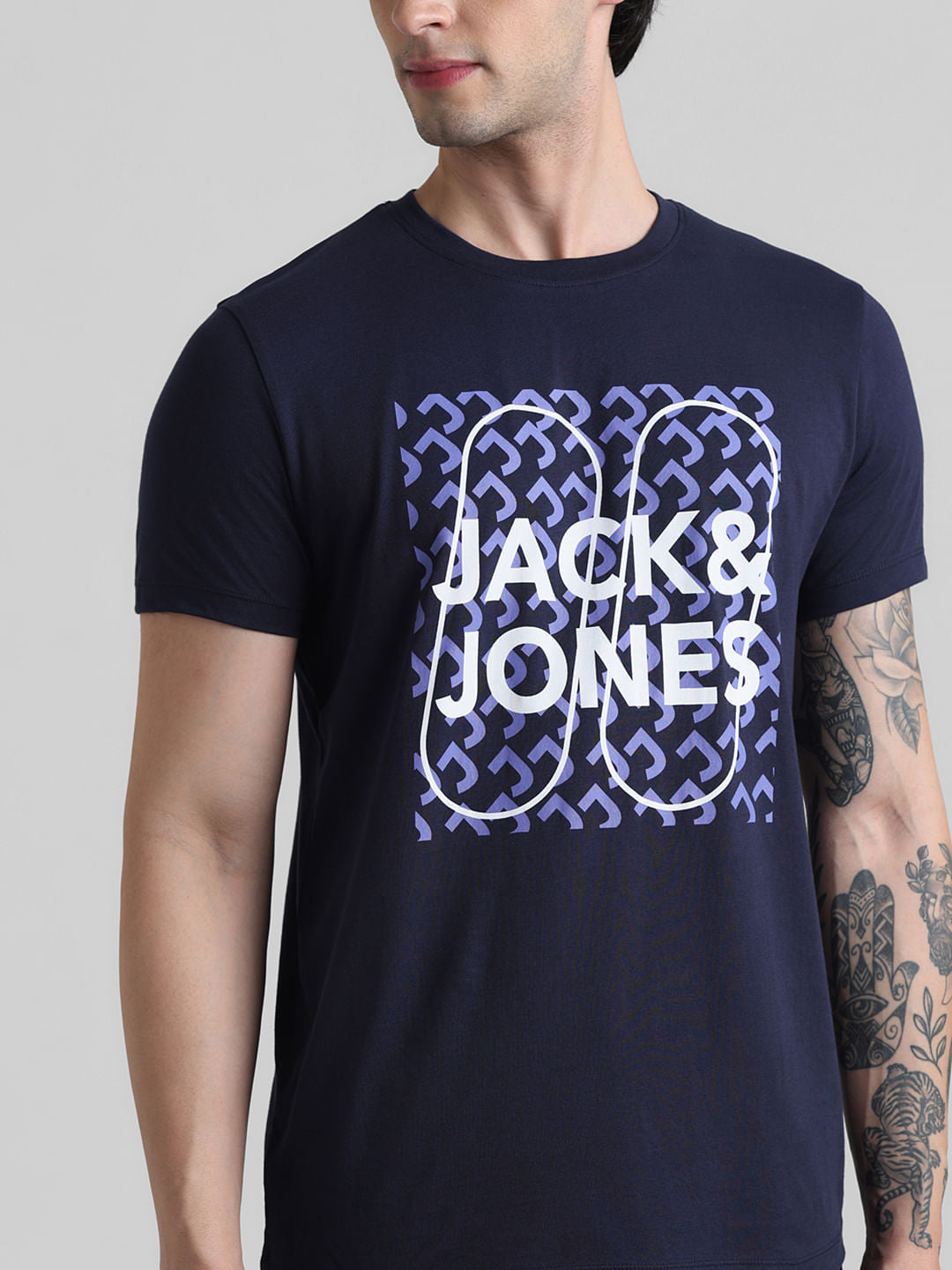 Dark Blue Logo Print Crew Neck T-shirt