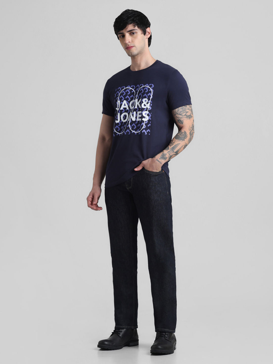 Dark Blue Logo Print Crew Neck T-shirt