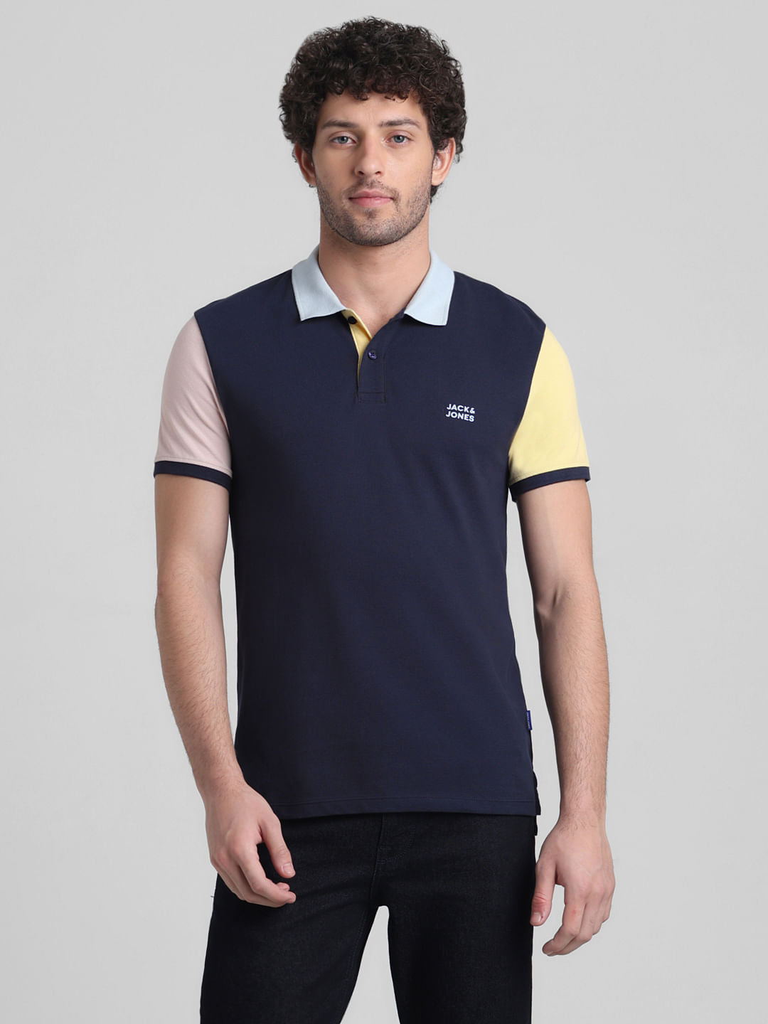 Navy Blue Cotton Colourblocked Polo