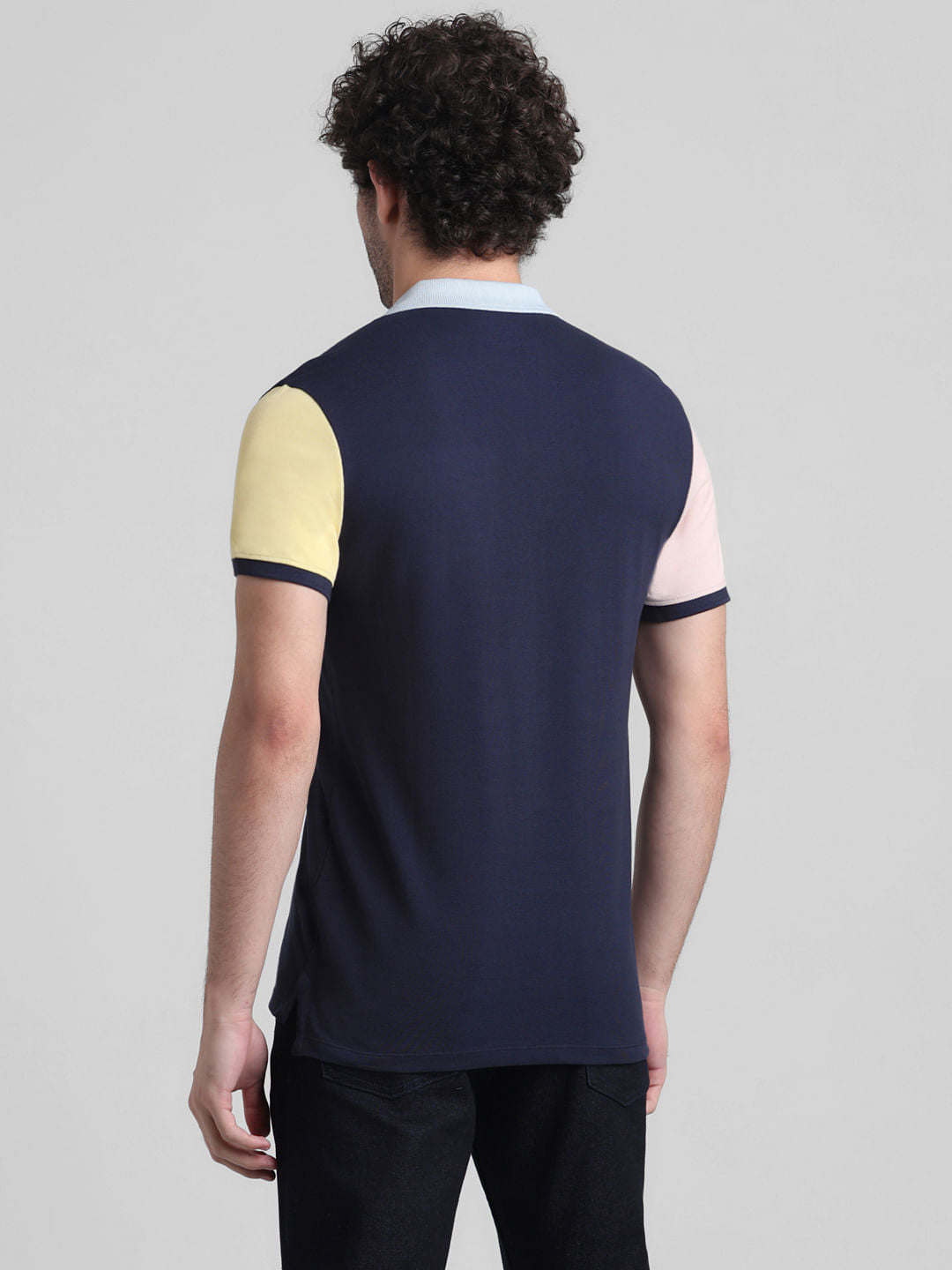 Navy Blue Cotton Colourblocked Polo