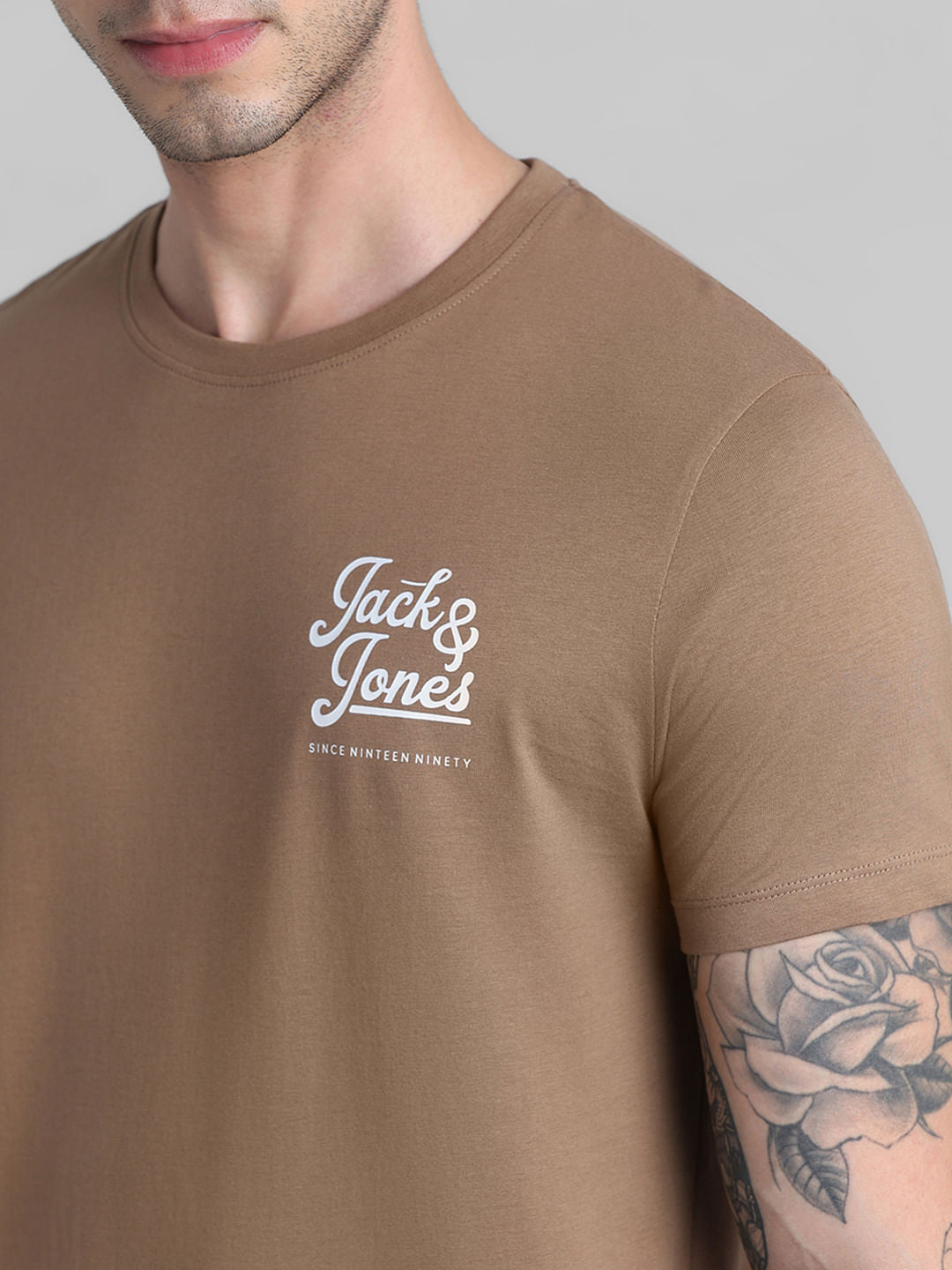 Brown Chest Branding Crew Neck T-shirt