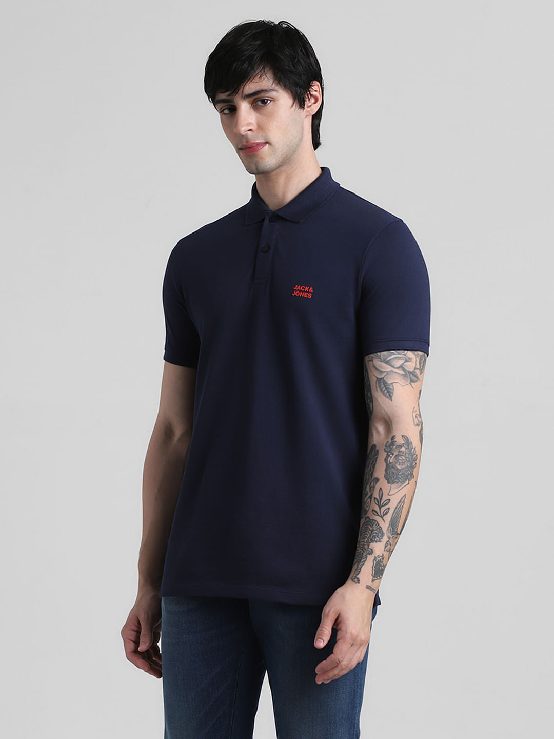 Navy Blue Logo Text Cotton Polo
