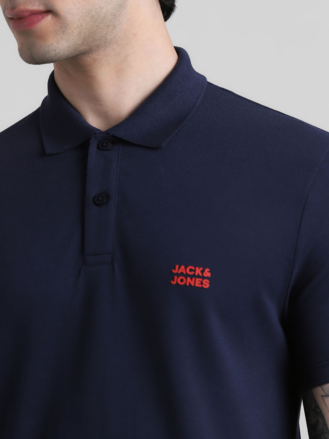 Navy Blue Logo Text Cotton Polo