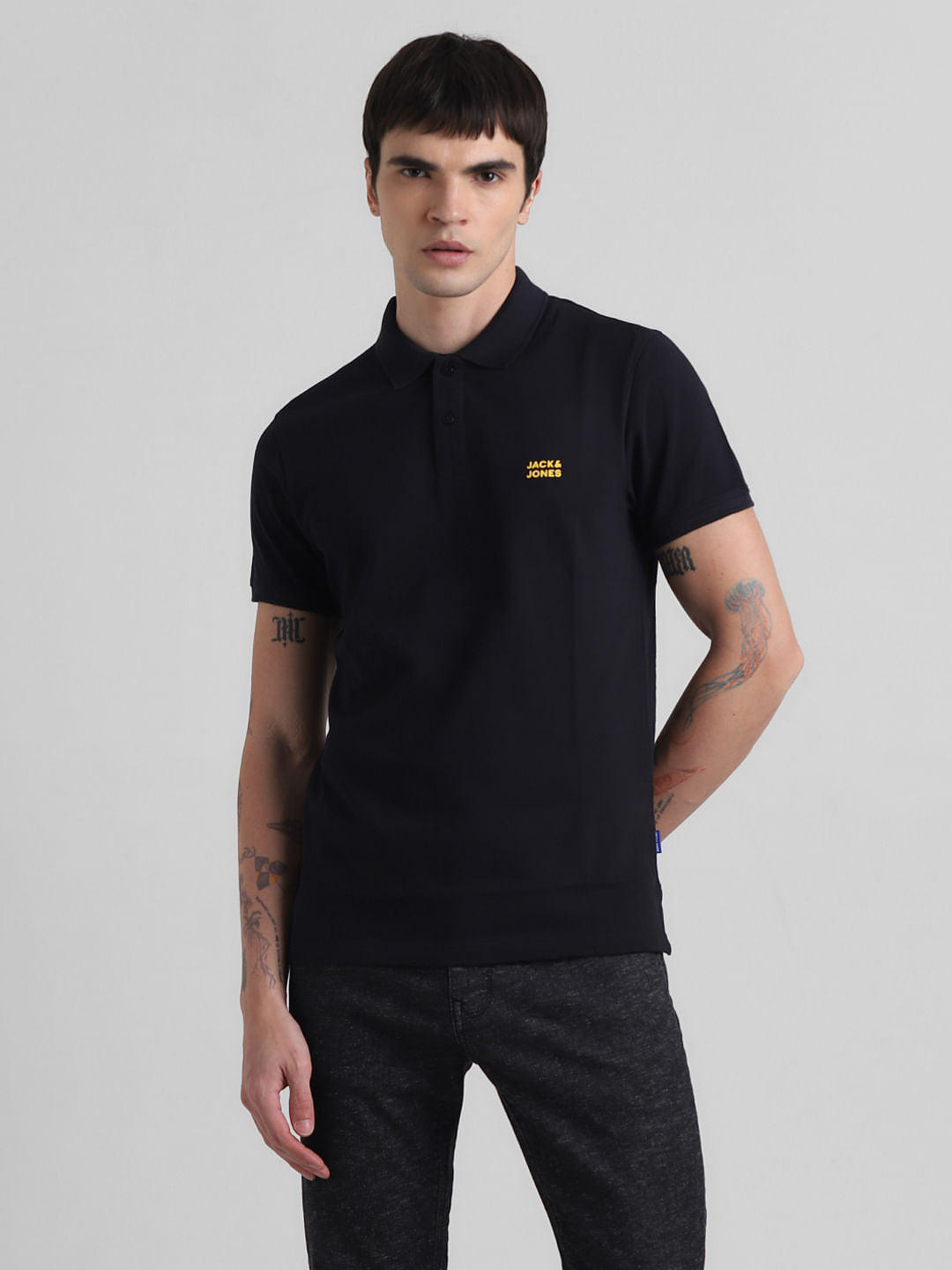 Black Logo Text Cotton Polo
