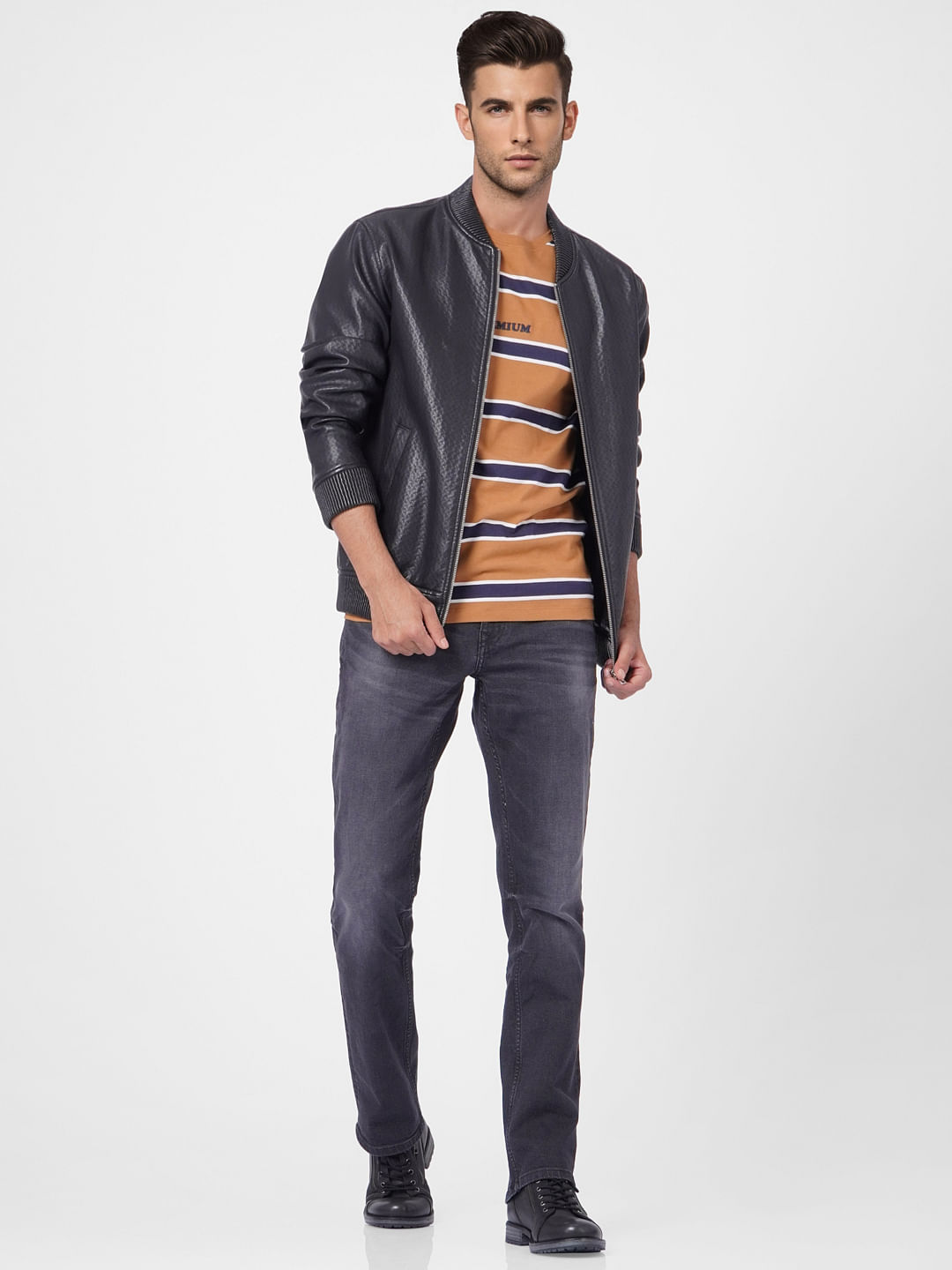 Brown Striped Crew Neck T-shirt