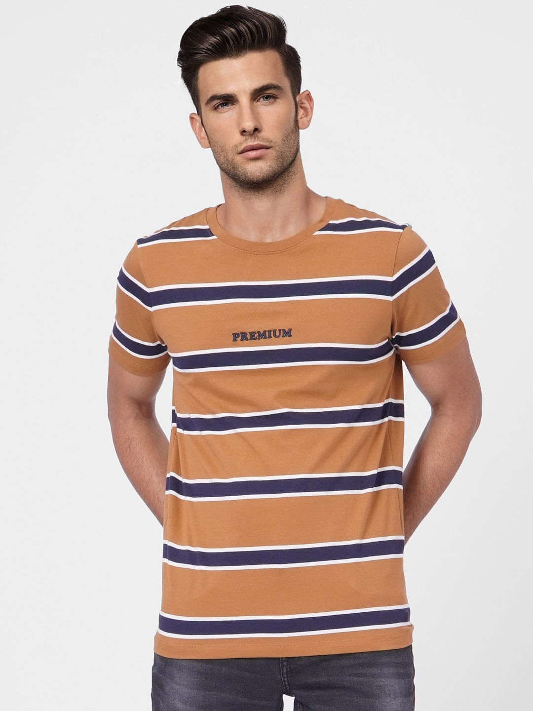 Brown Striped Crew Neck T-shirt