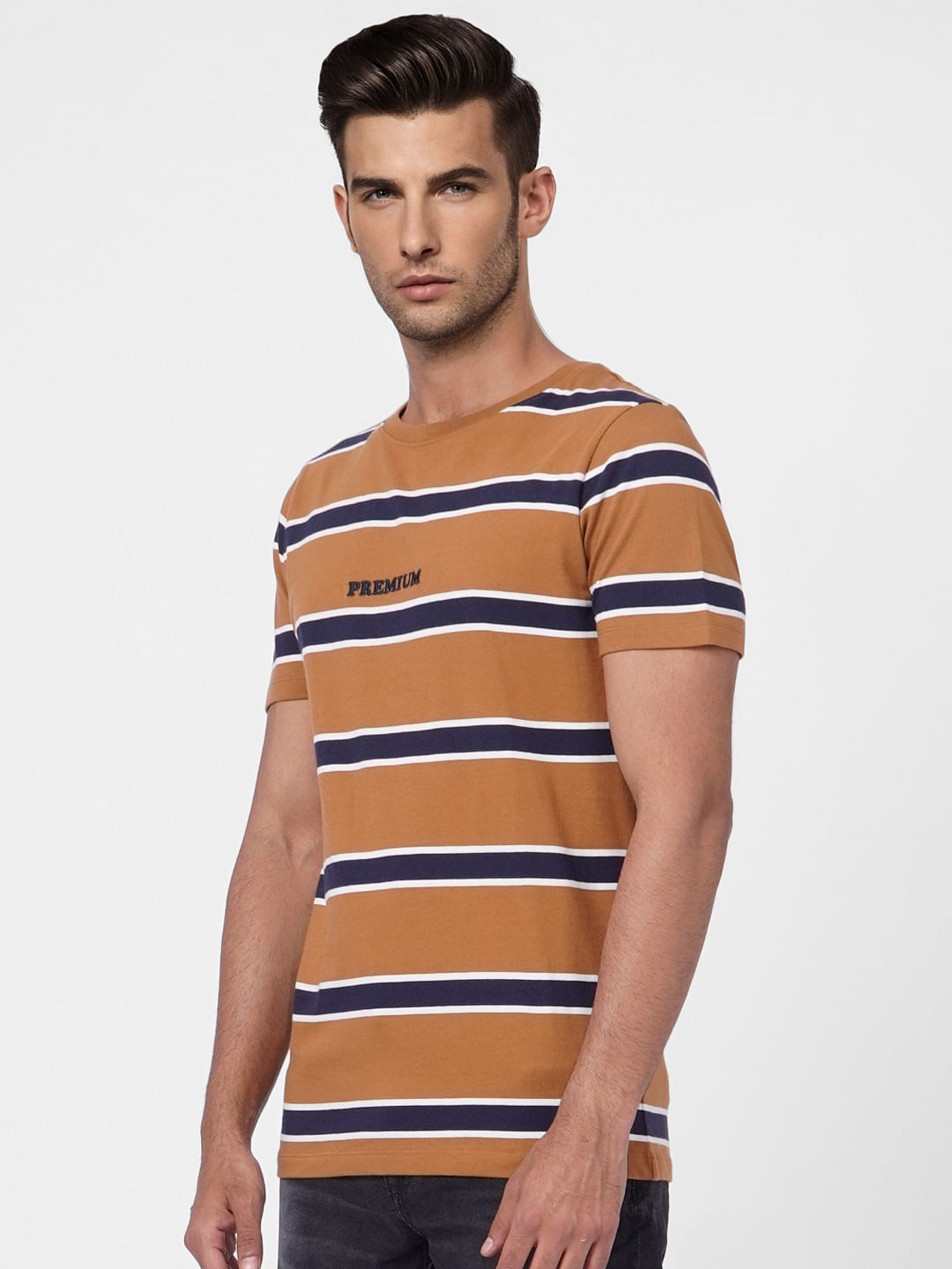 Brown Striped Crew Neck T-shirt