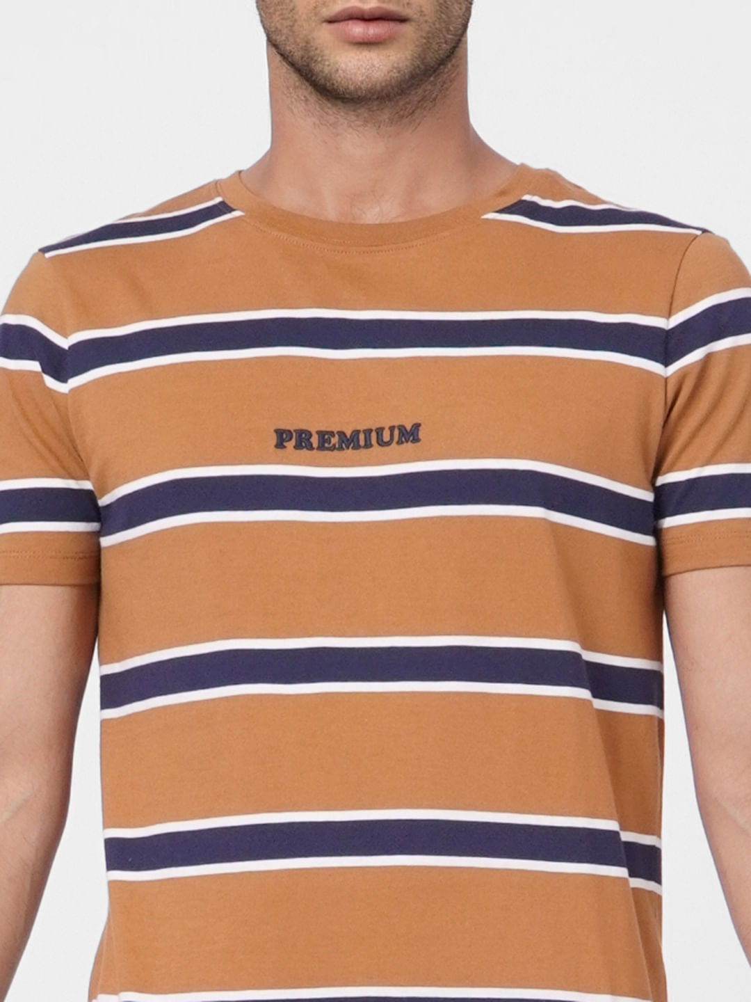 Brown Striped Crew Neck T-shirt