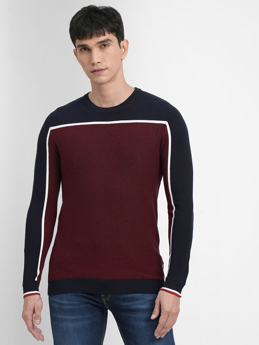 Dark Red Colourblocked Cotton Pullover