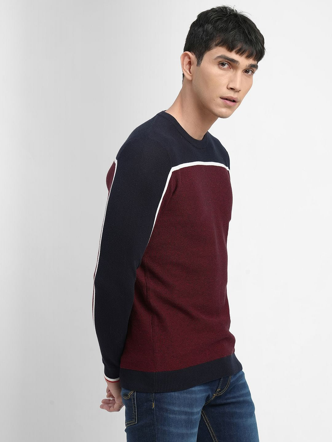 Dark Red Colourblocked Cotton Pullover