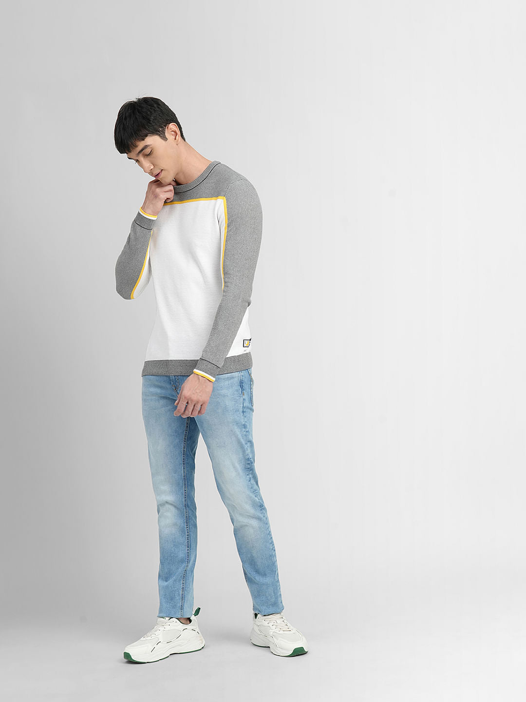 White Colourblocked Cotton Pullover