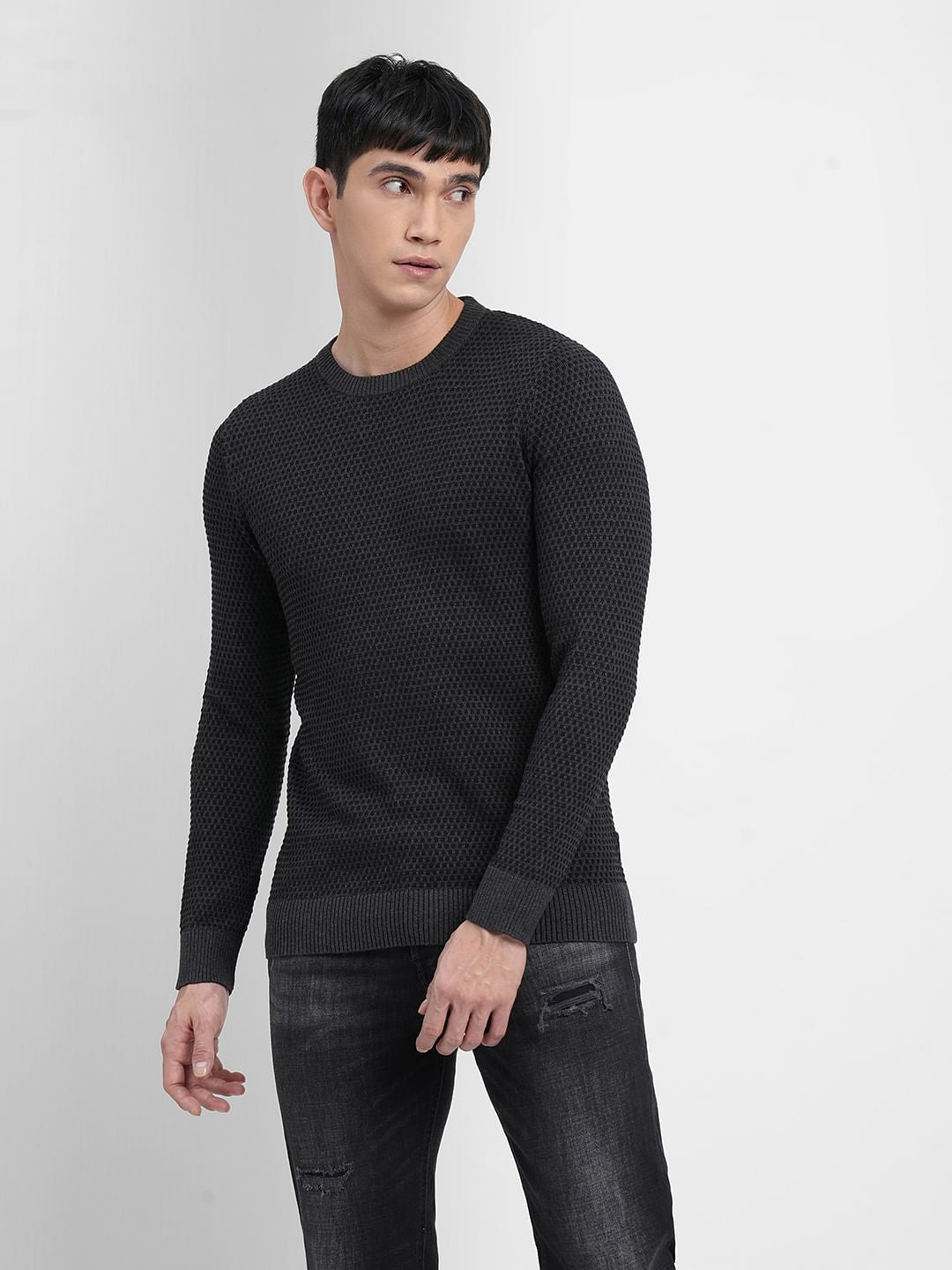 Dark Grey Textured Cotton Sweater