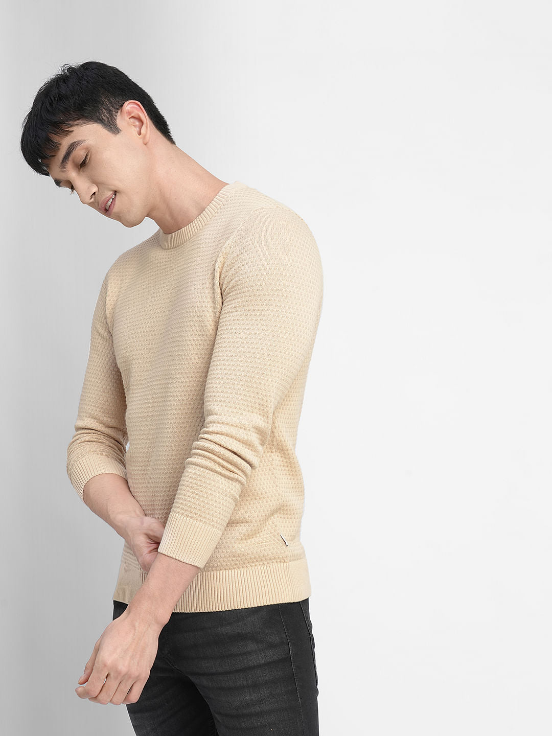 Beige Textured Cotton Sweater