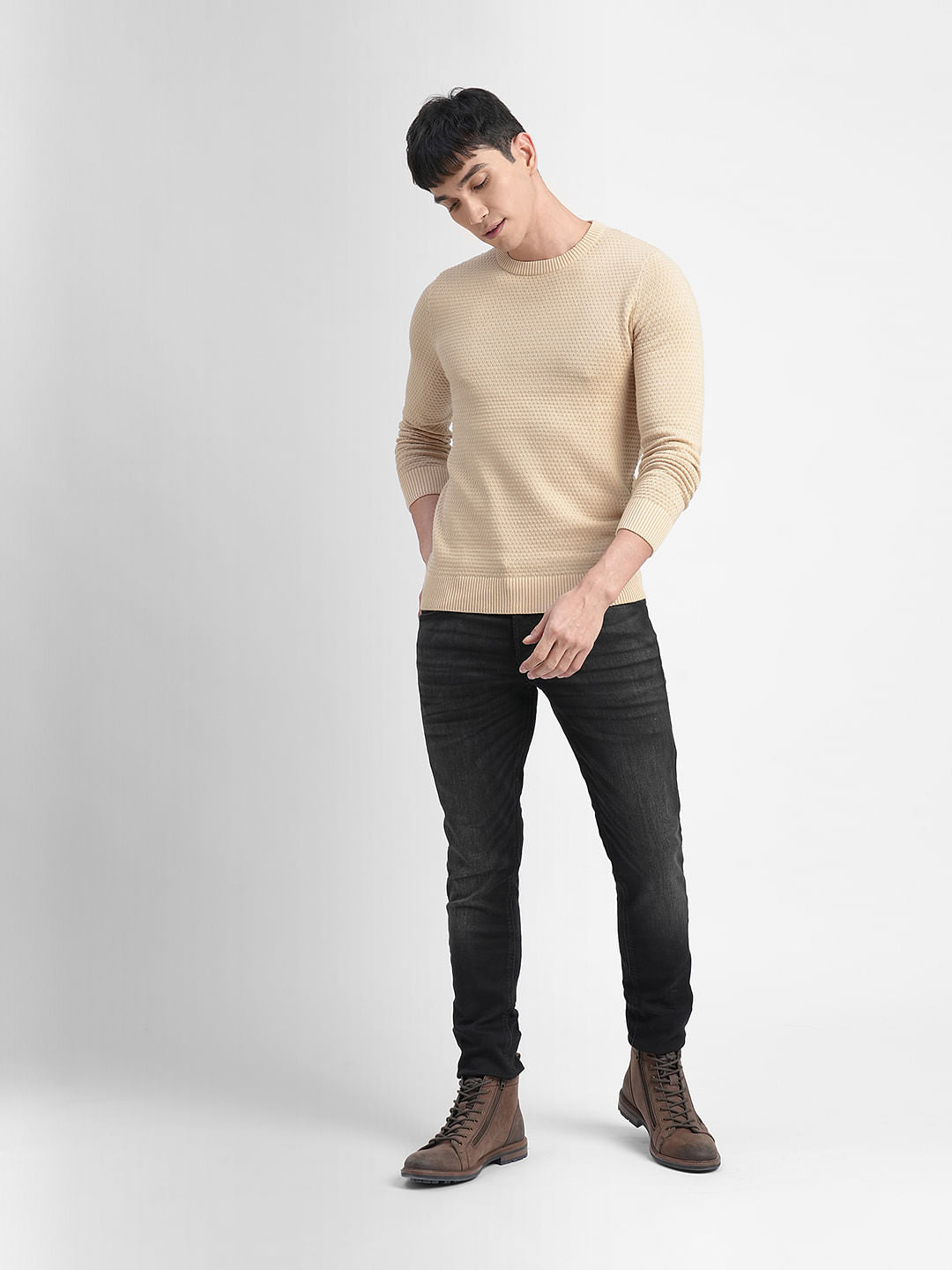 Beige Textured Cotton Sweater