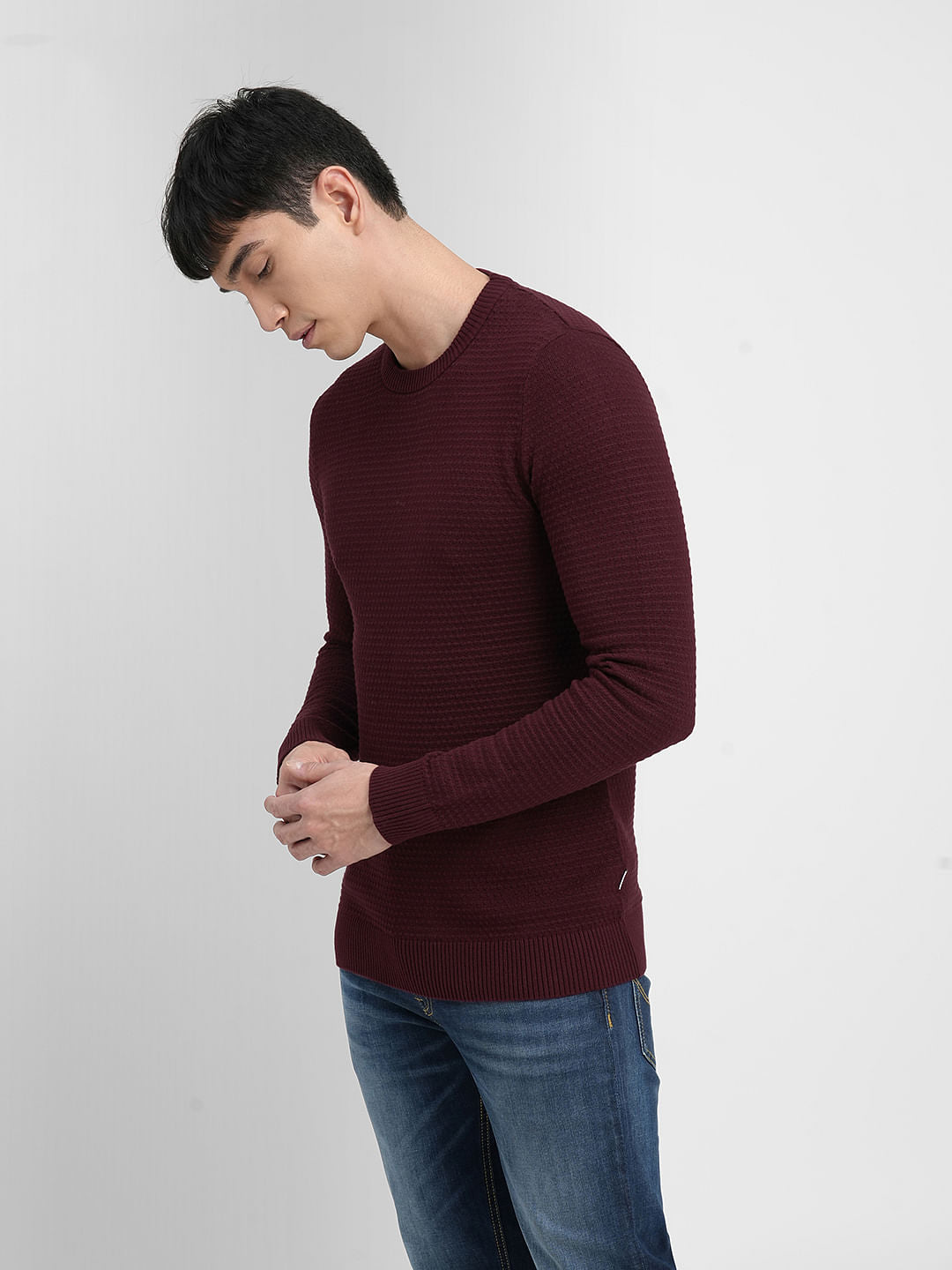 Maroon Textured Cotton Sweater