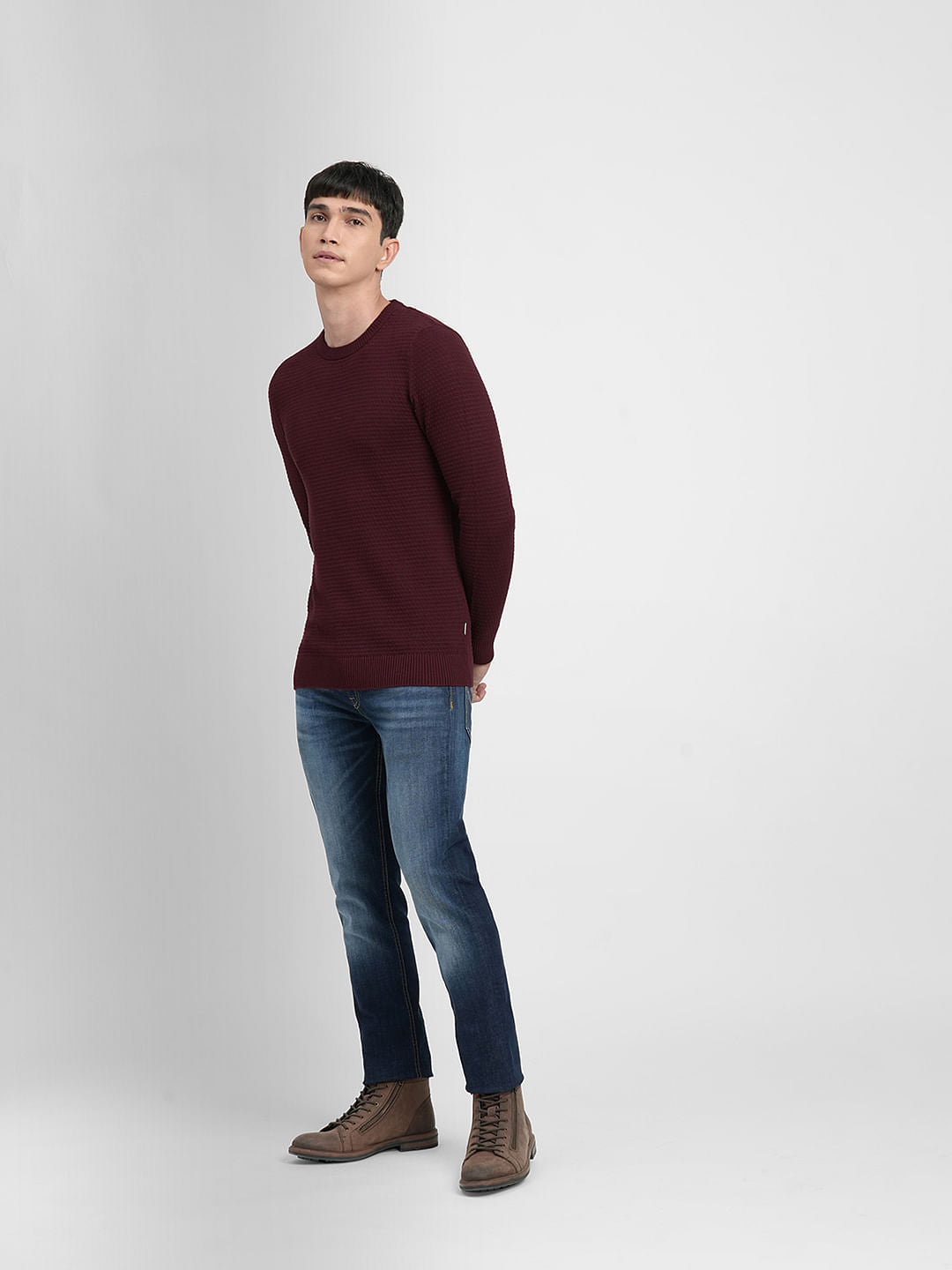 Maroon Textured Cotton Sweater