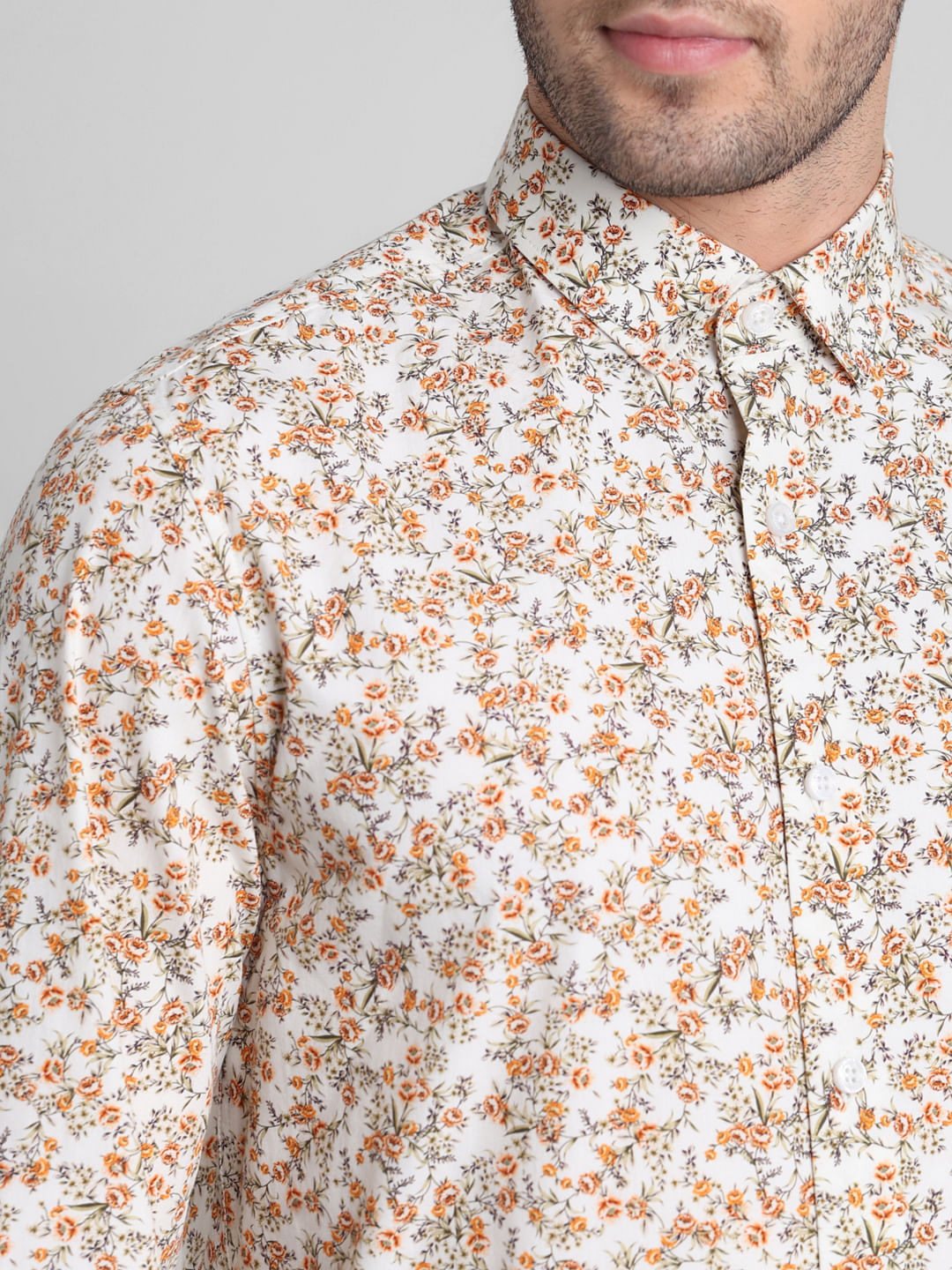 Beige Floral Print Full Sleeves Shirt