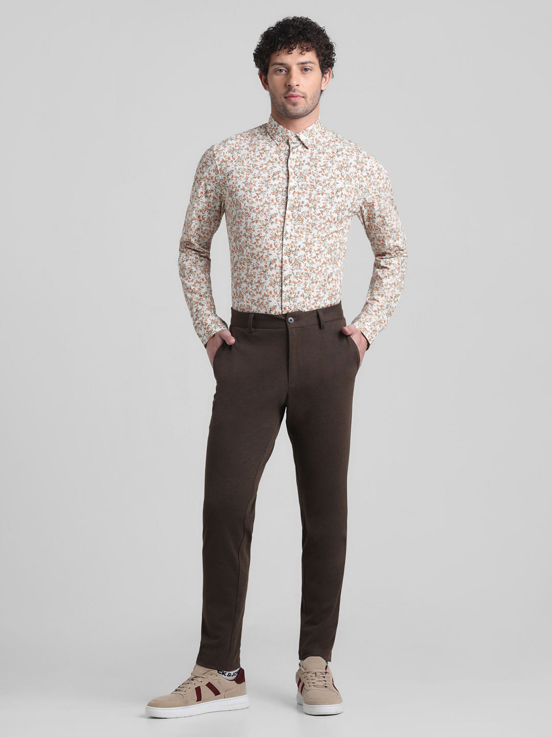 Beige Floral Print Full Sleeves Shirt